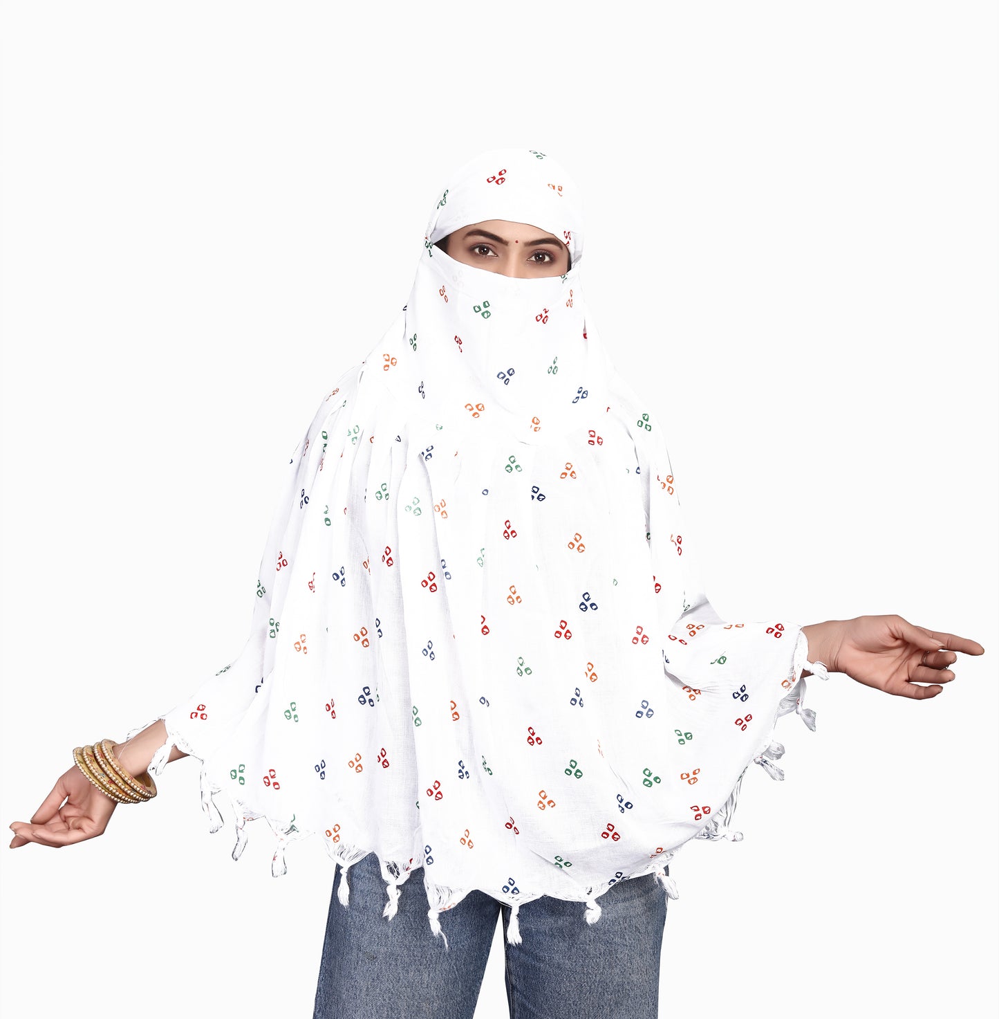 White Cotton Scarf with Multicolor Three-Dot Print – Soft, Lightweight & Trendy
