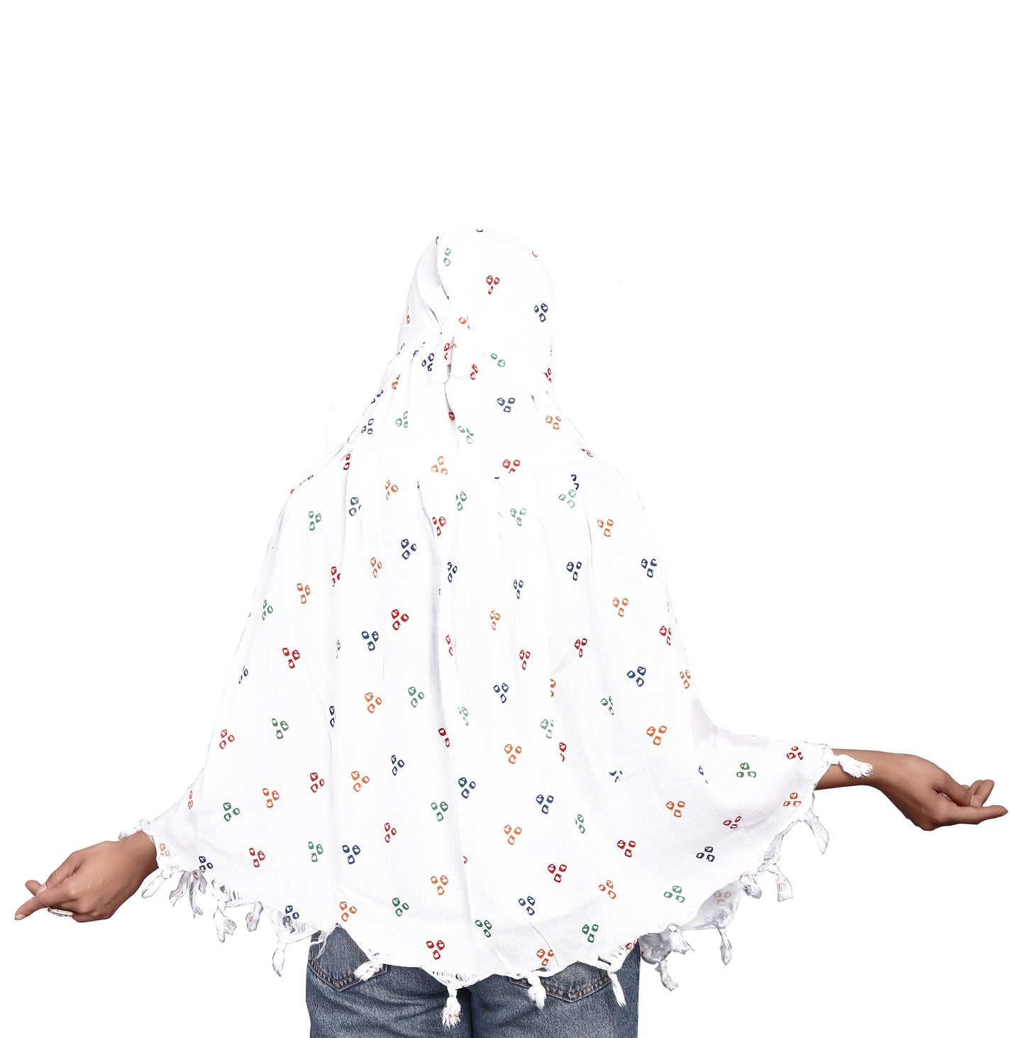 White Cotton Scarf with Multicolor Three-Dot Print – Soft, Lightweight & Trendy