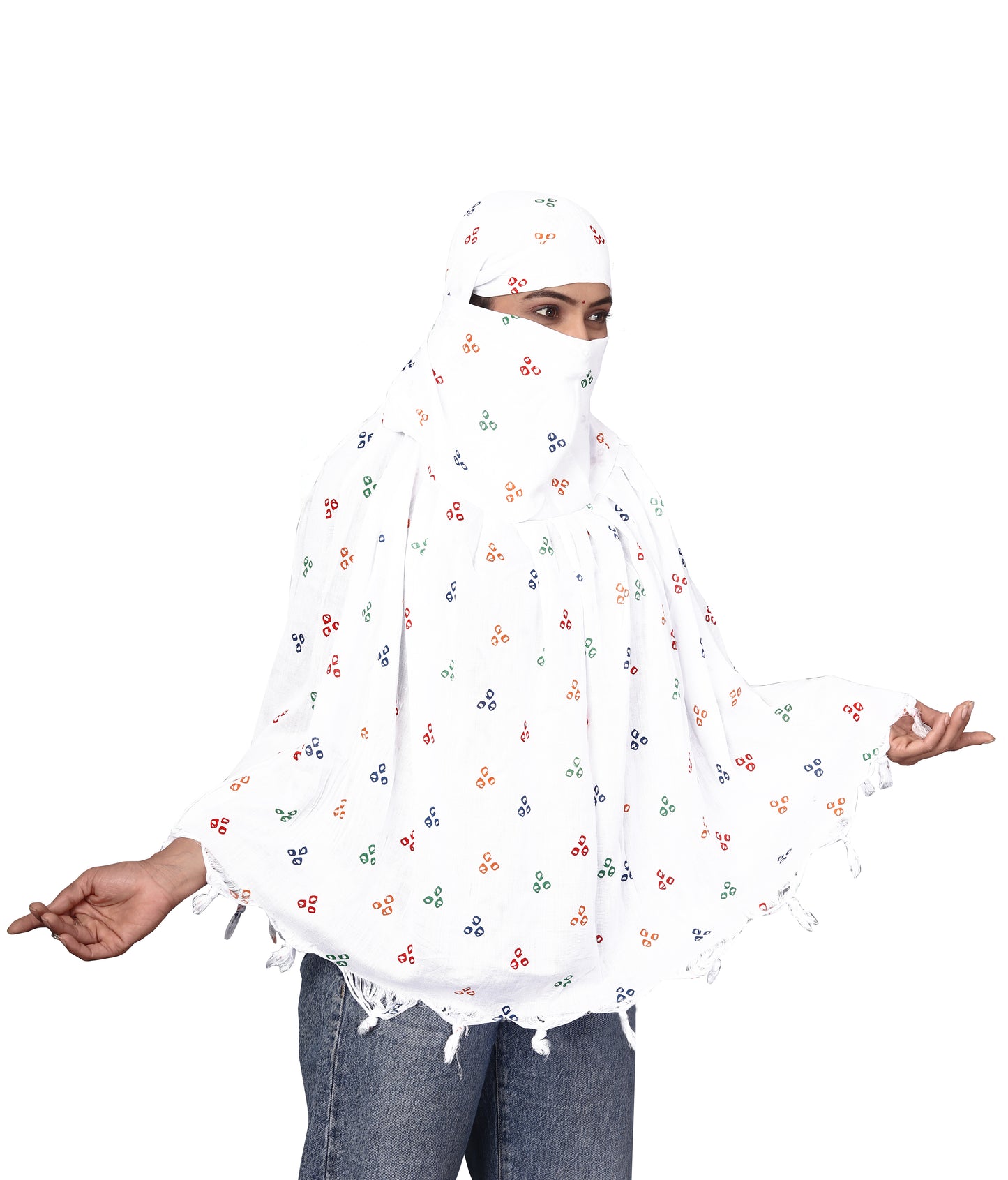 White Cotton Scarf with Multicolor Three-Dot Print – Soft, Lightweight & Trendy