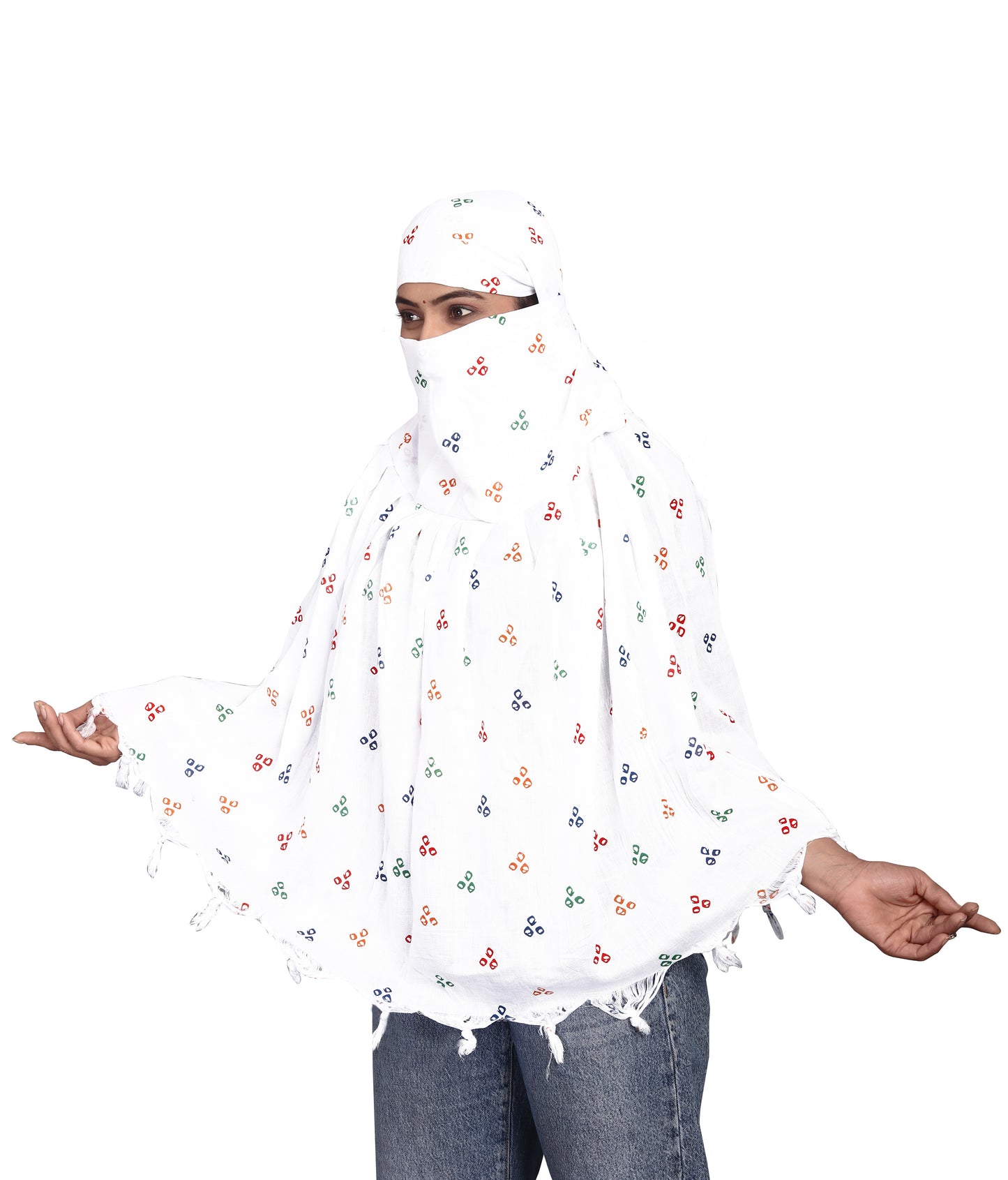 White Cotton Scarf with Multicolor Three-Dot Print – Soft, Lightweight & Trendy