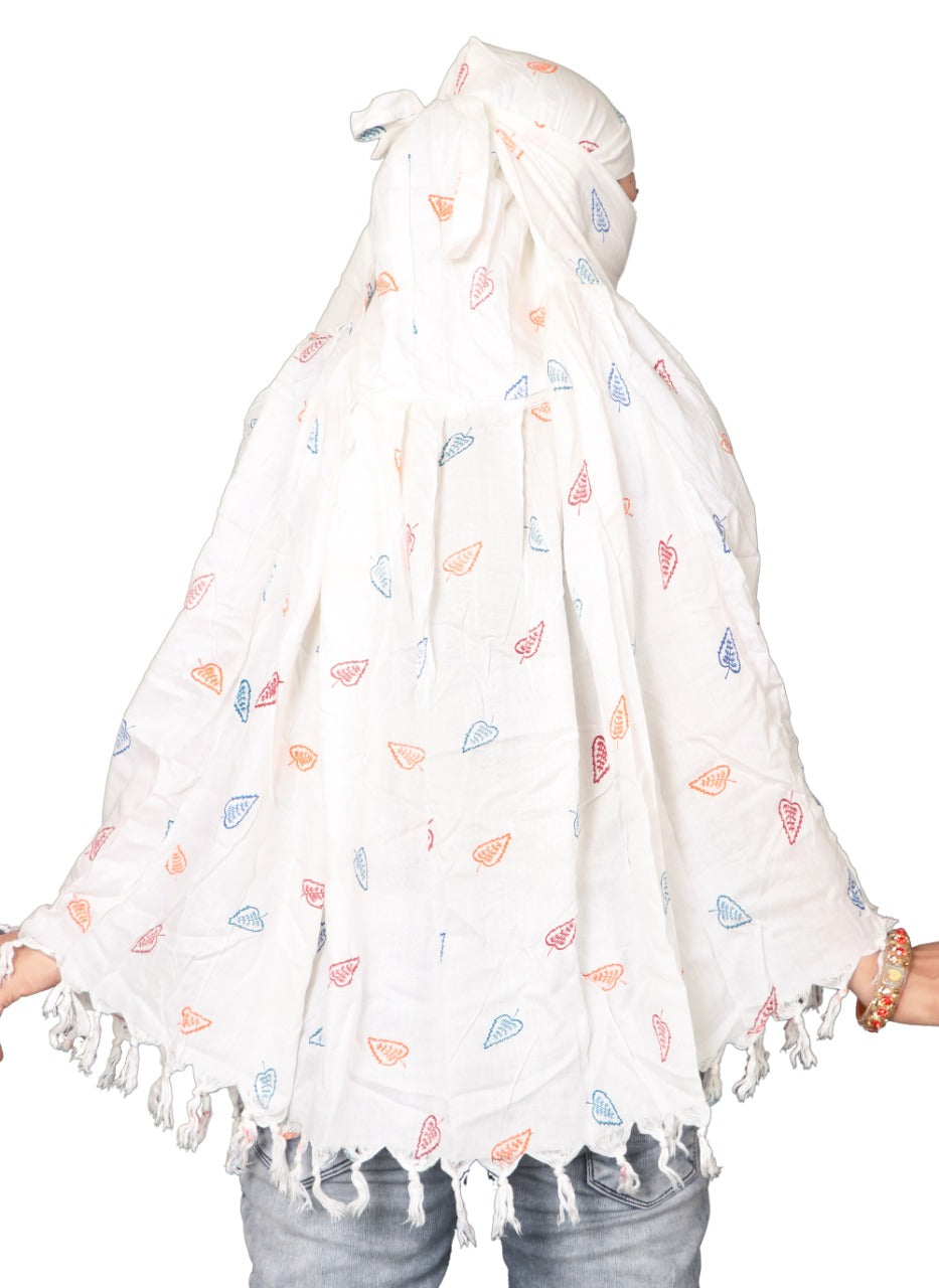 Breathable White Cotton Scarf with Colorful Leaf Prints