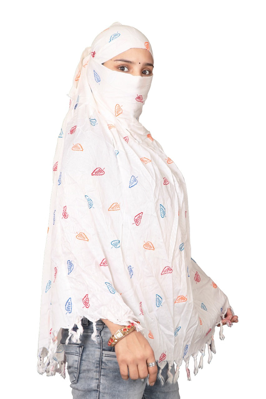 Breathable White Cotton Scarf with Colorful Leaf Prints