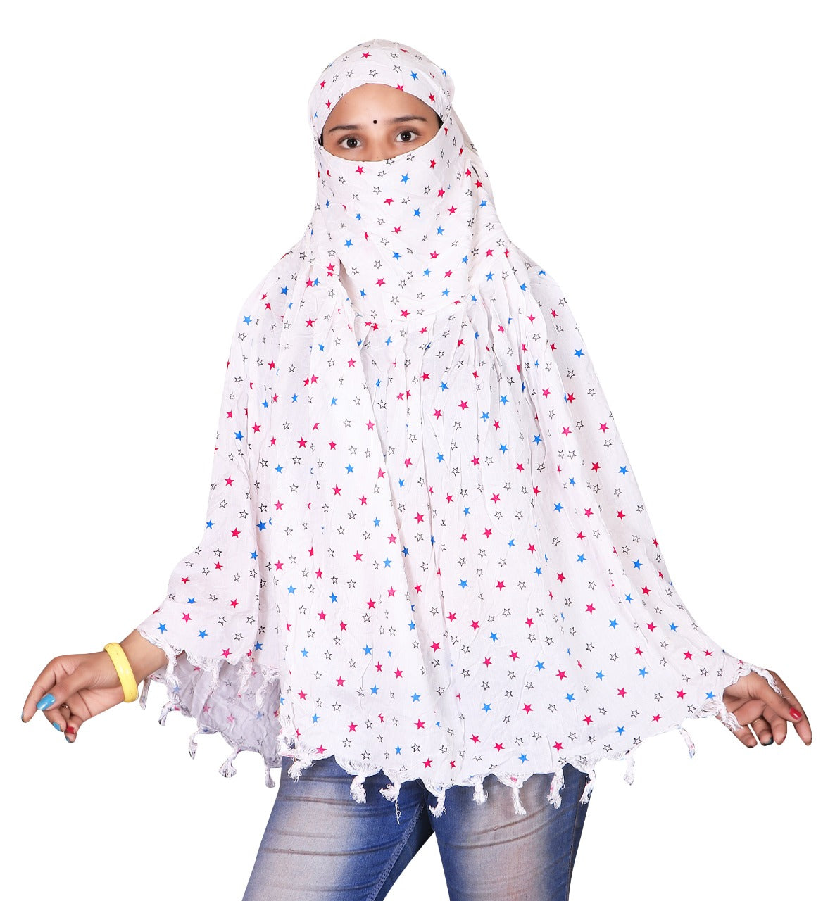 Lightweight White Cotton Double Star Printed Scarf