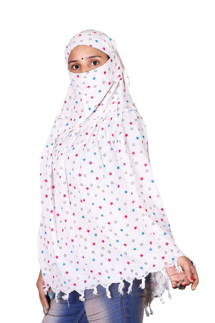 Lightweight White Cotton Double Star Printed Scarf