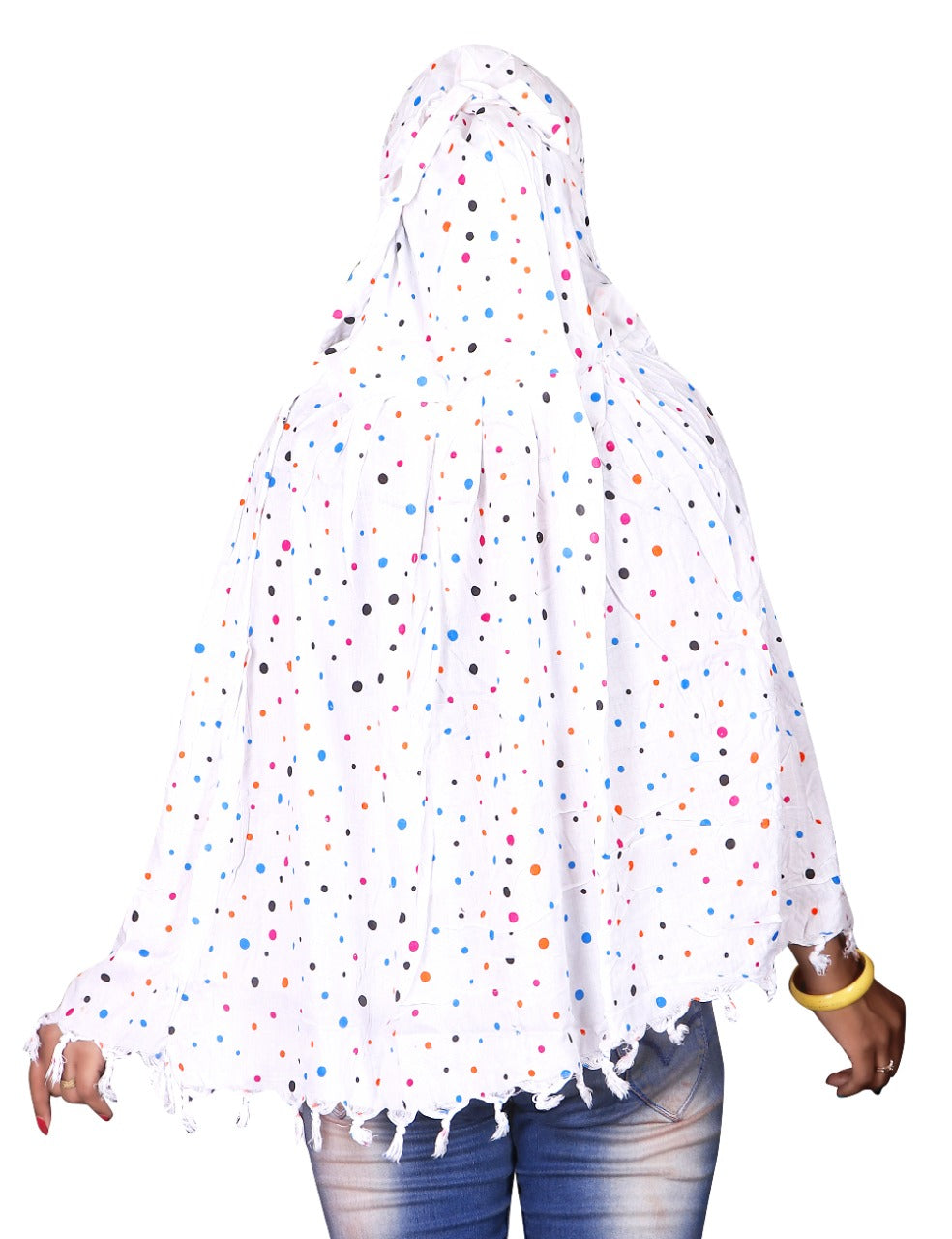 Stylish White Cotton Multicolor Polka Dot Print Scarf for Women