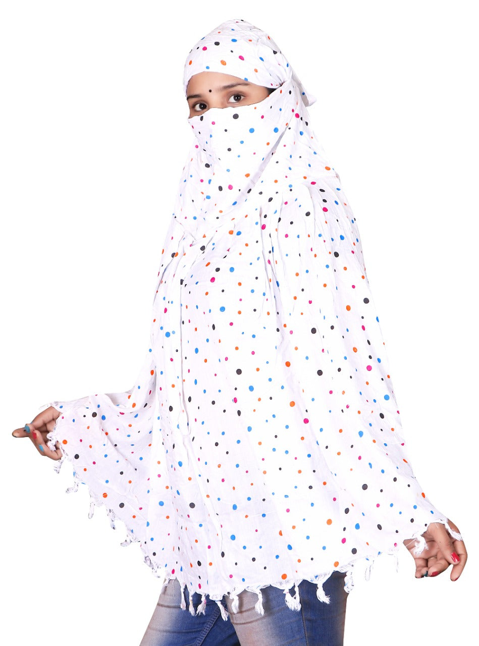 Stylish White Cotton Multicolor Polka Dot Print Scarf for Women