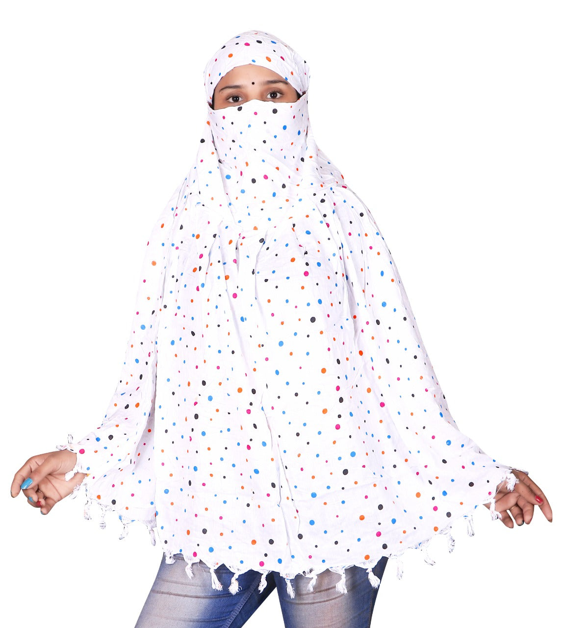 Stylish White Cotton Multicolor Polka Dot Print Scarf for Women