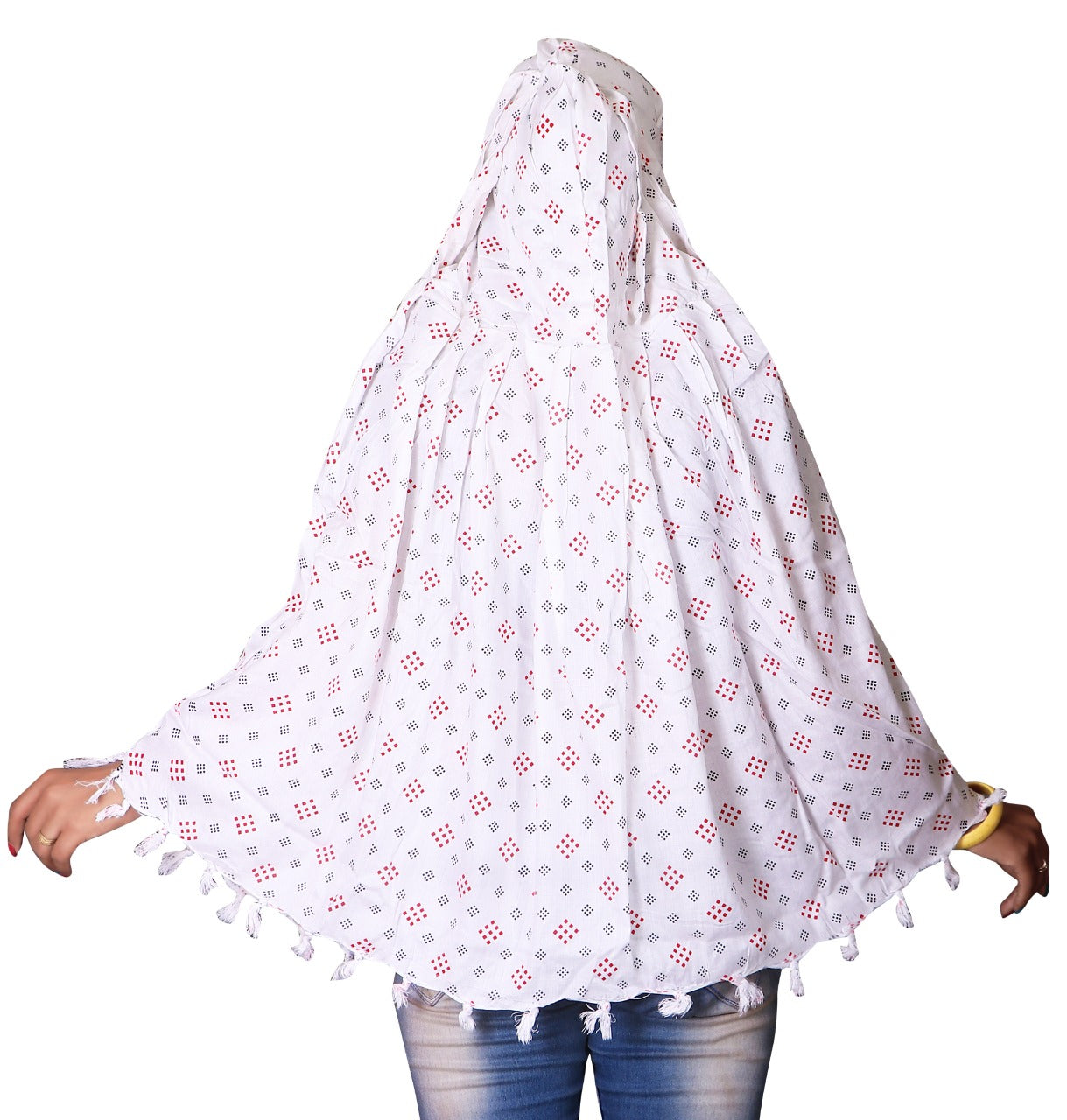 White Cotton Scarf with Geometric Chex Bandhani Print