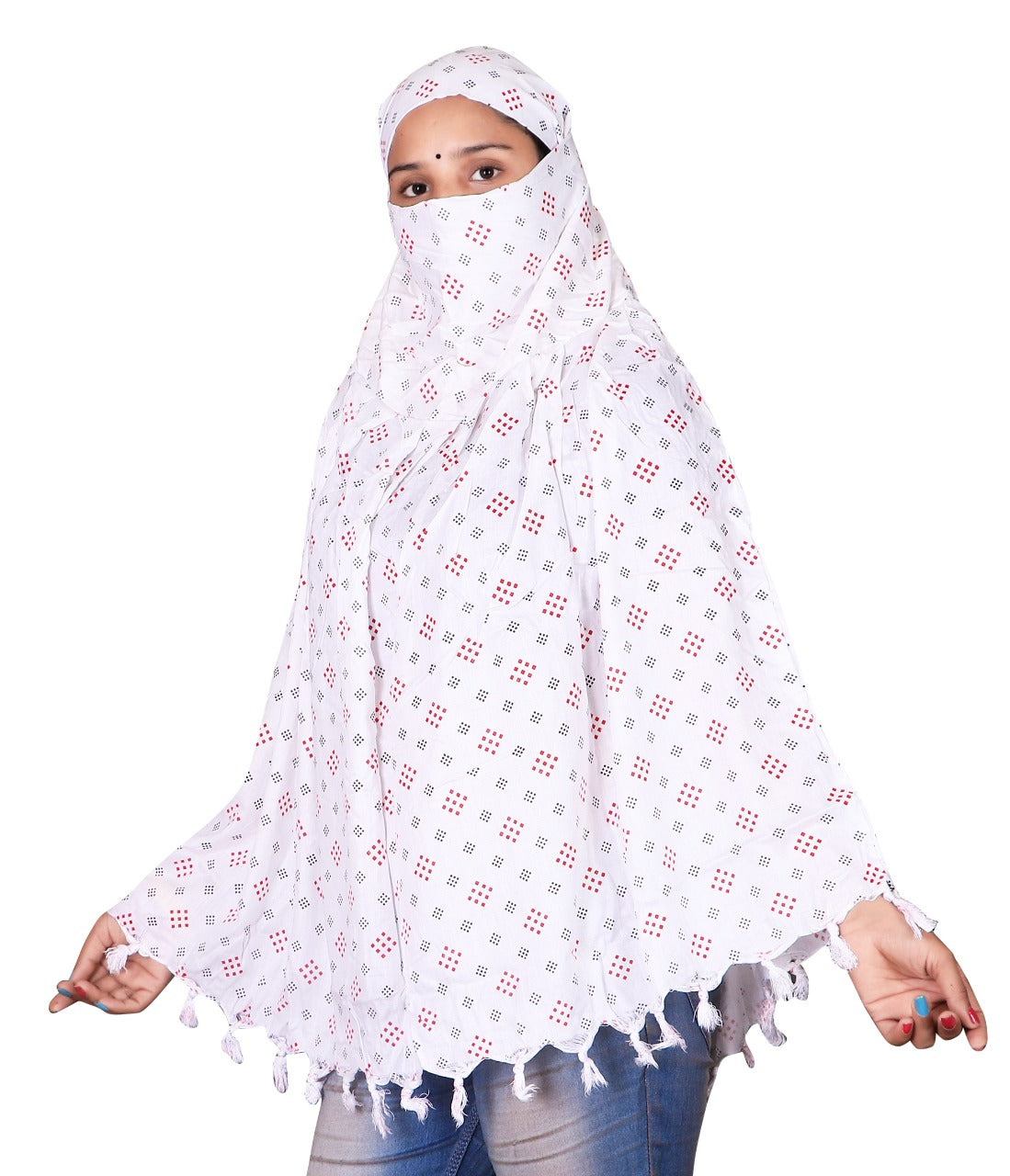 White Cotton Scarf with Geometric Chex Bandhani Print