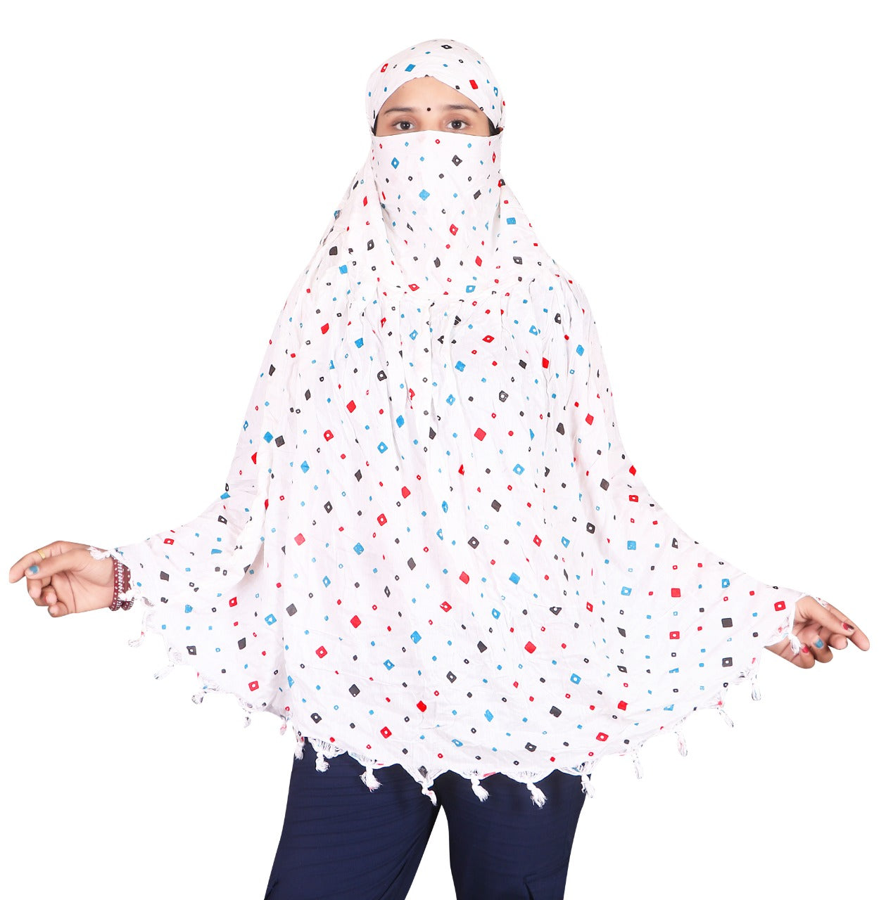 Elegant White Cotton Scarf with Multicolor Geometric Print – Lightweight & Stylish