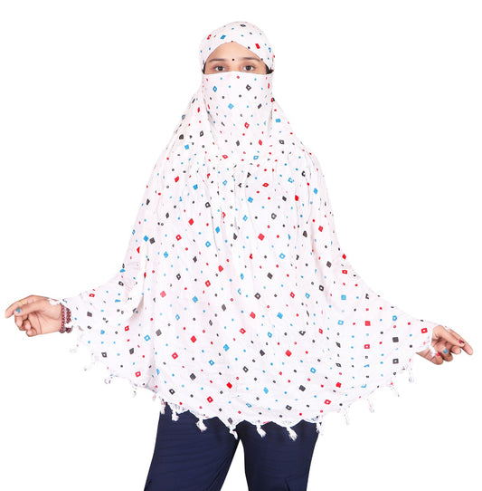 Elegant White Cotton Scarf with Multicolor Geometric Print – Lightweight & Stylish