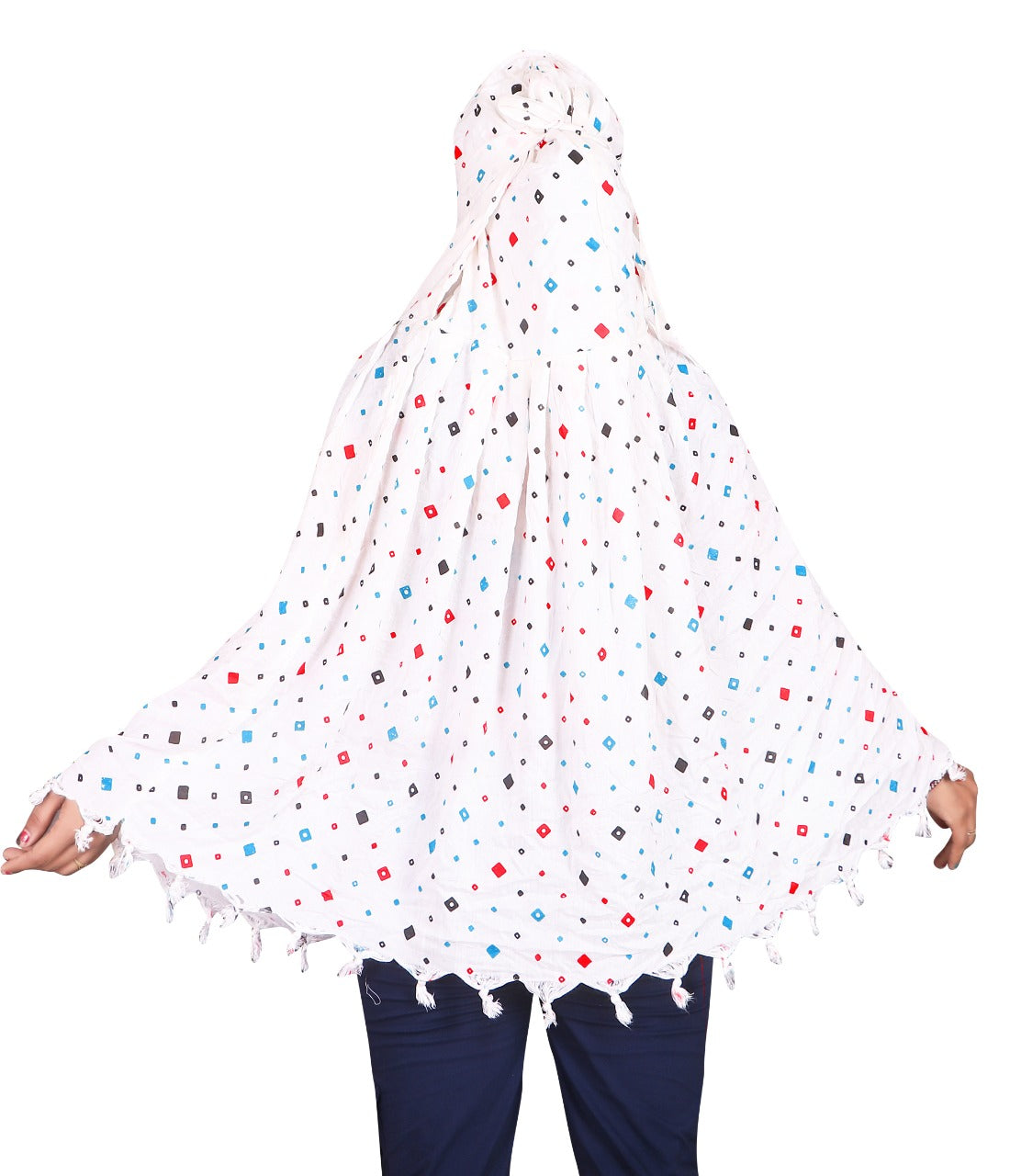Elegant White Cotton Scarf with Multicolor Geometric Print – Lightweight & Stylish