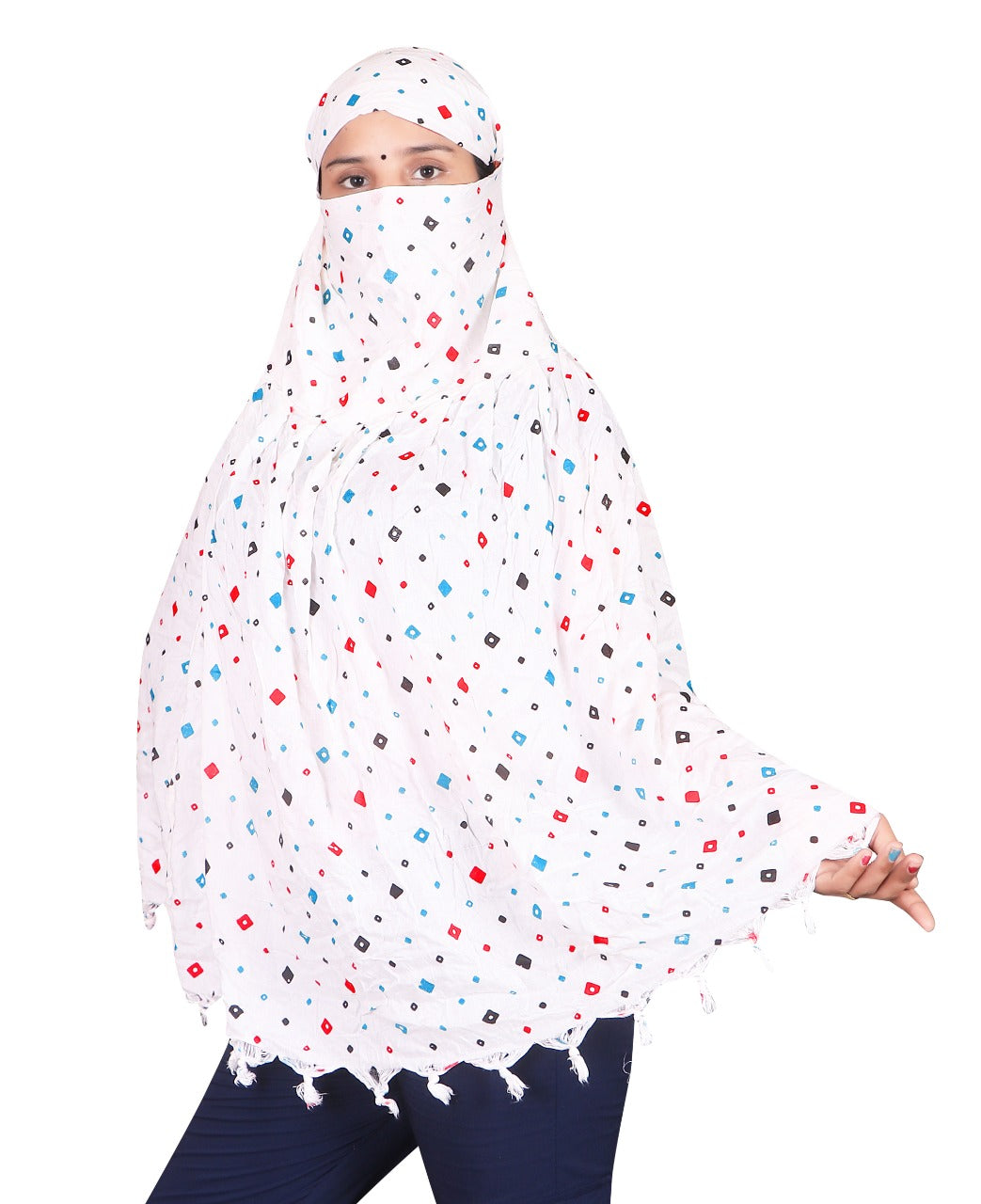 Elegant White Cotton Scarf with Multicolor Geometric Print – Lightweight & Stylish