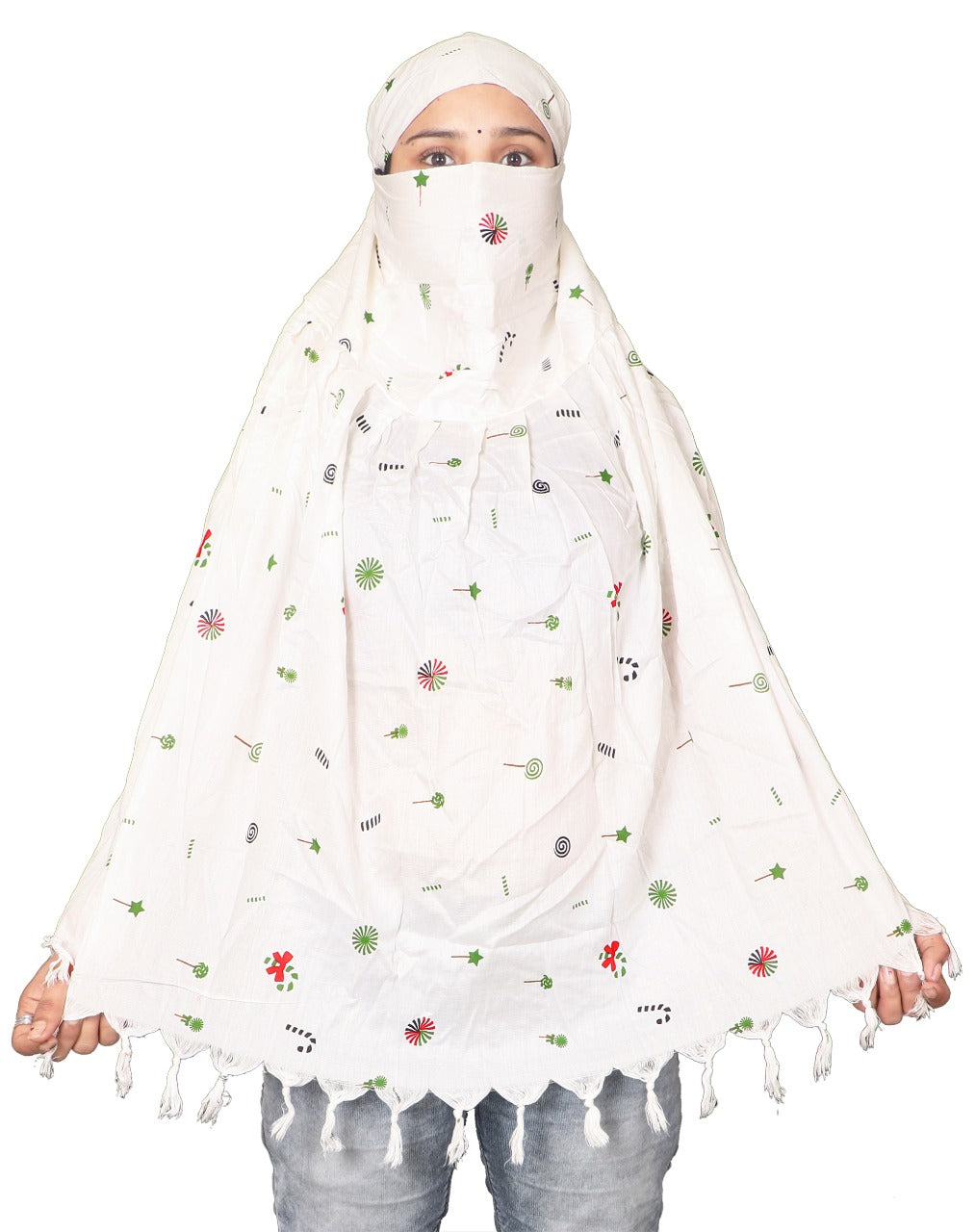 Elegant White Cotton Scarf with Colorful Motif Print – Lightweight & Stylish