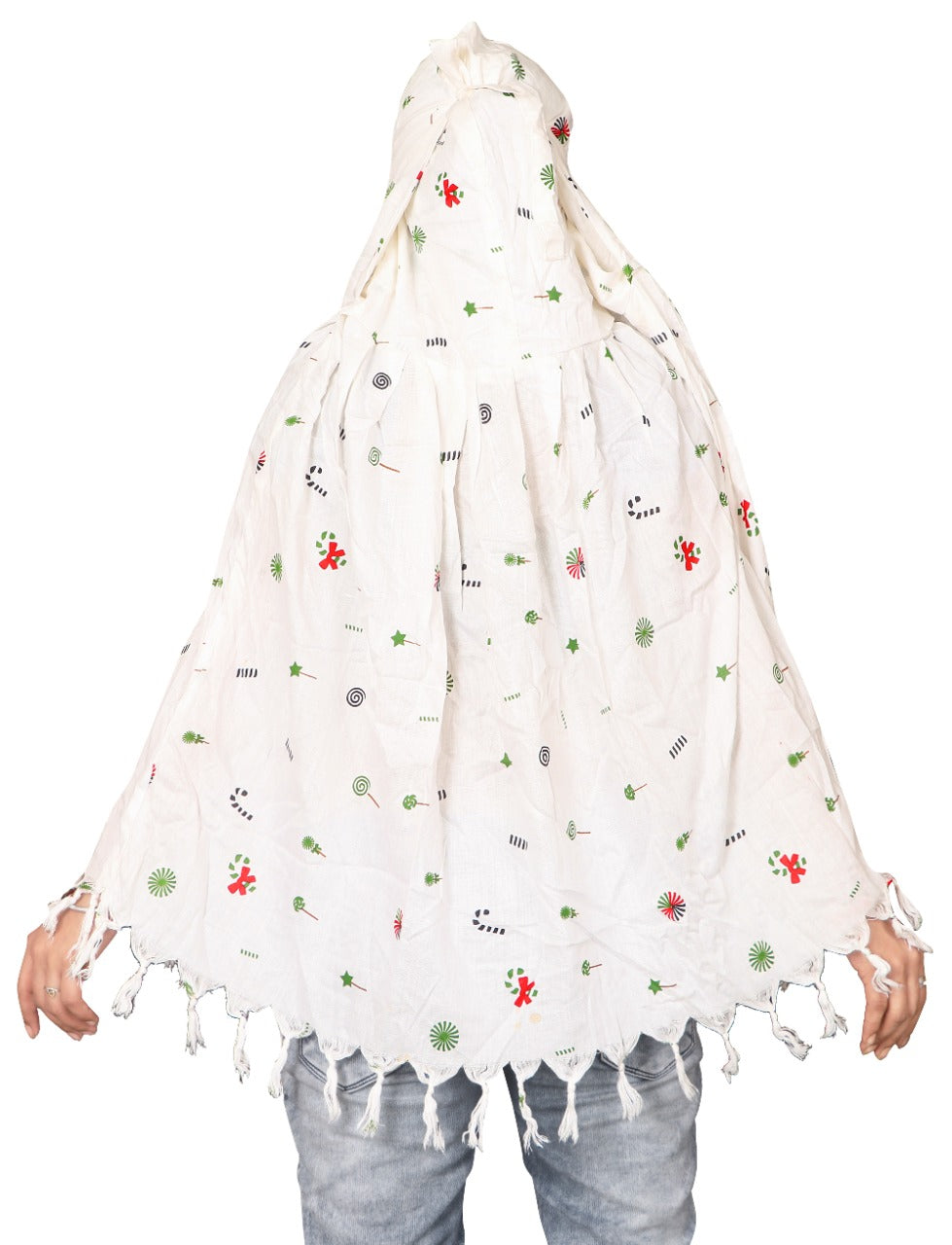Elegant White Cotton Scarf with Colorful Motif Print – Lightweight & Stylish