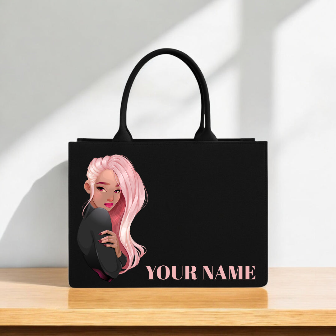 Tote Bag for Women – Stylish Black Handbag with Custom Name Print & Trendy Pink-Haired Graphic 12x16 inch Designer Carry Bag for Everyday Use