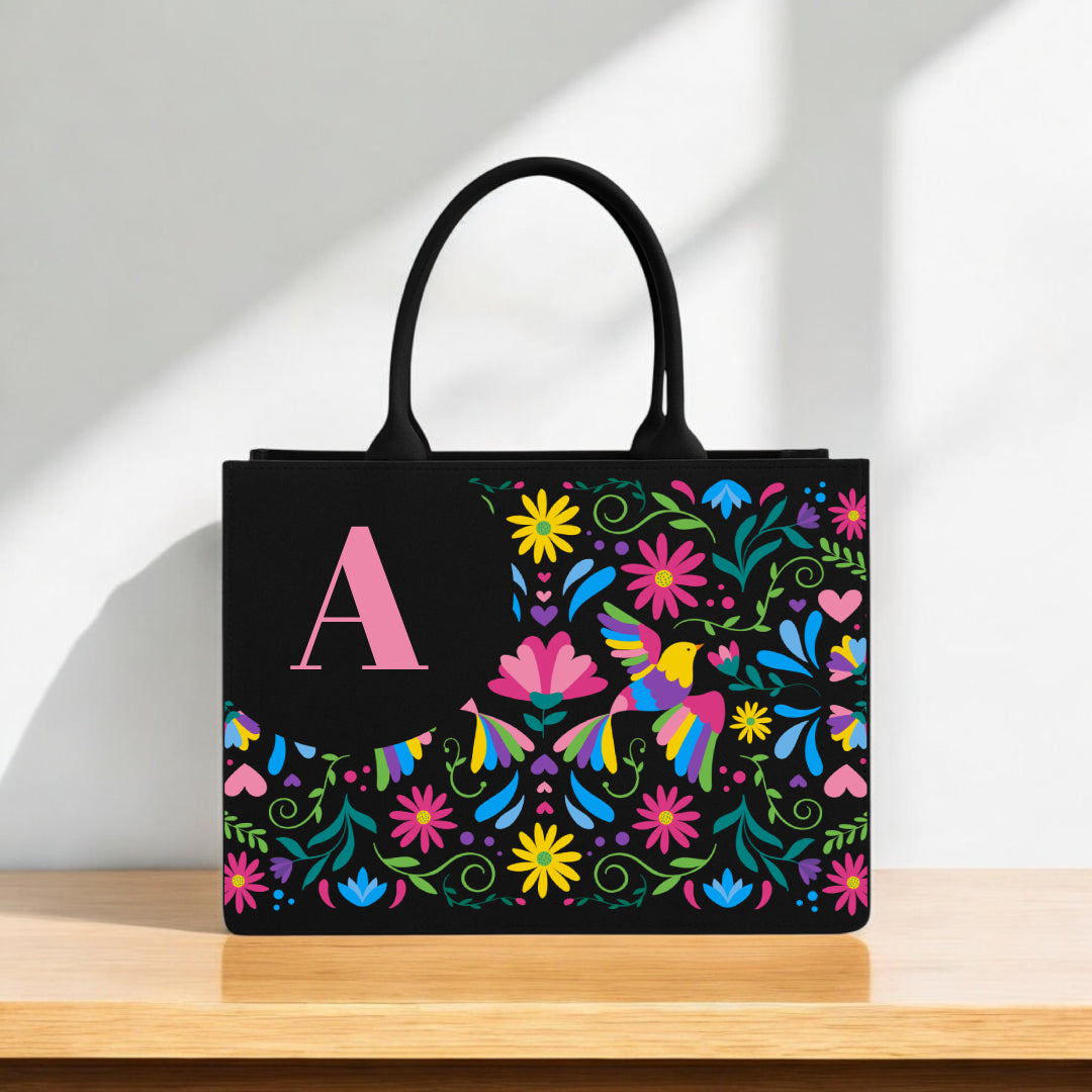 Designer Monogram Tote Bag Floral Folk Art Print with Hummingbird & Pink Initial "A" | Premium Black Canvas Handbag for Women