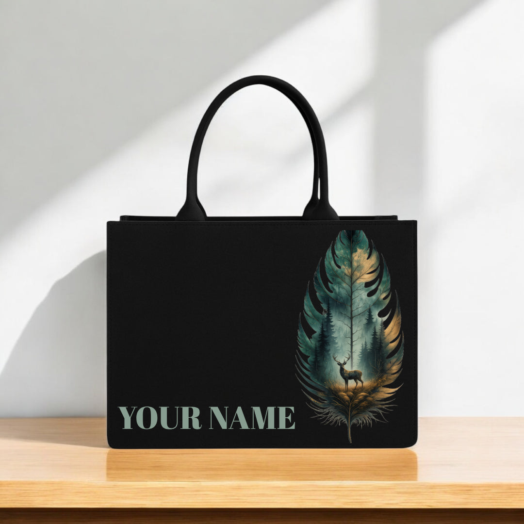 Black Handbag 12x16 Inch Forest Feather Print with Custom Name Personalization | Artistic Deer Design Tote for Everyday & Gifting