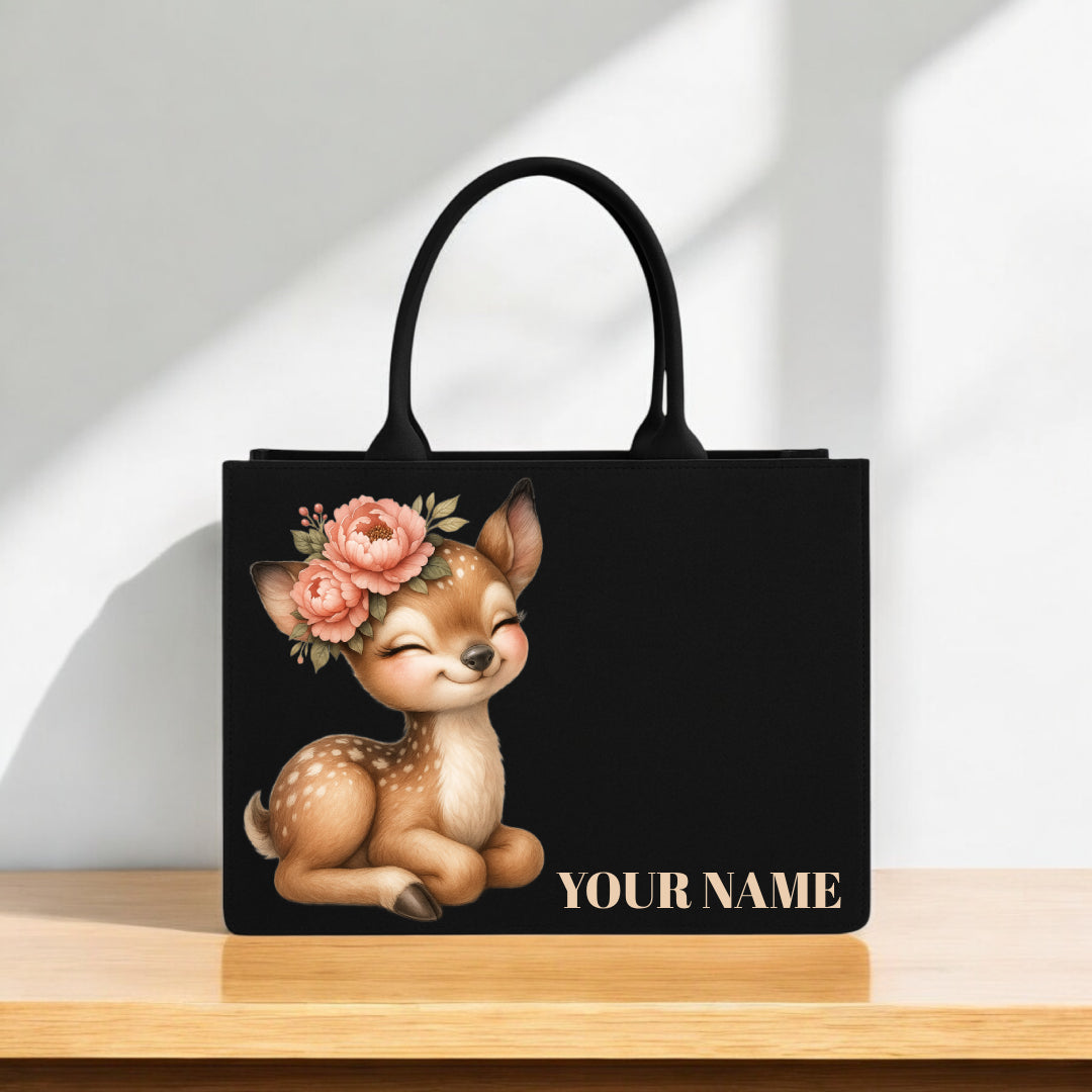 Deer Print Designer Tote Bag 12x16 Inch Elegant Floral Cartoon Pattern with Custom Name Option Premium Black Handbag for Women & Girls