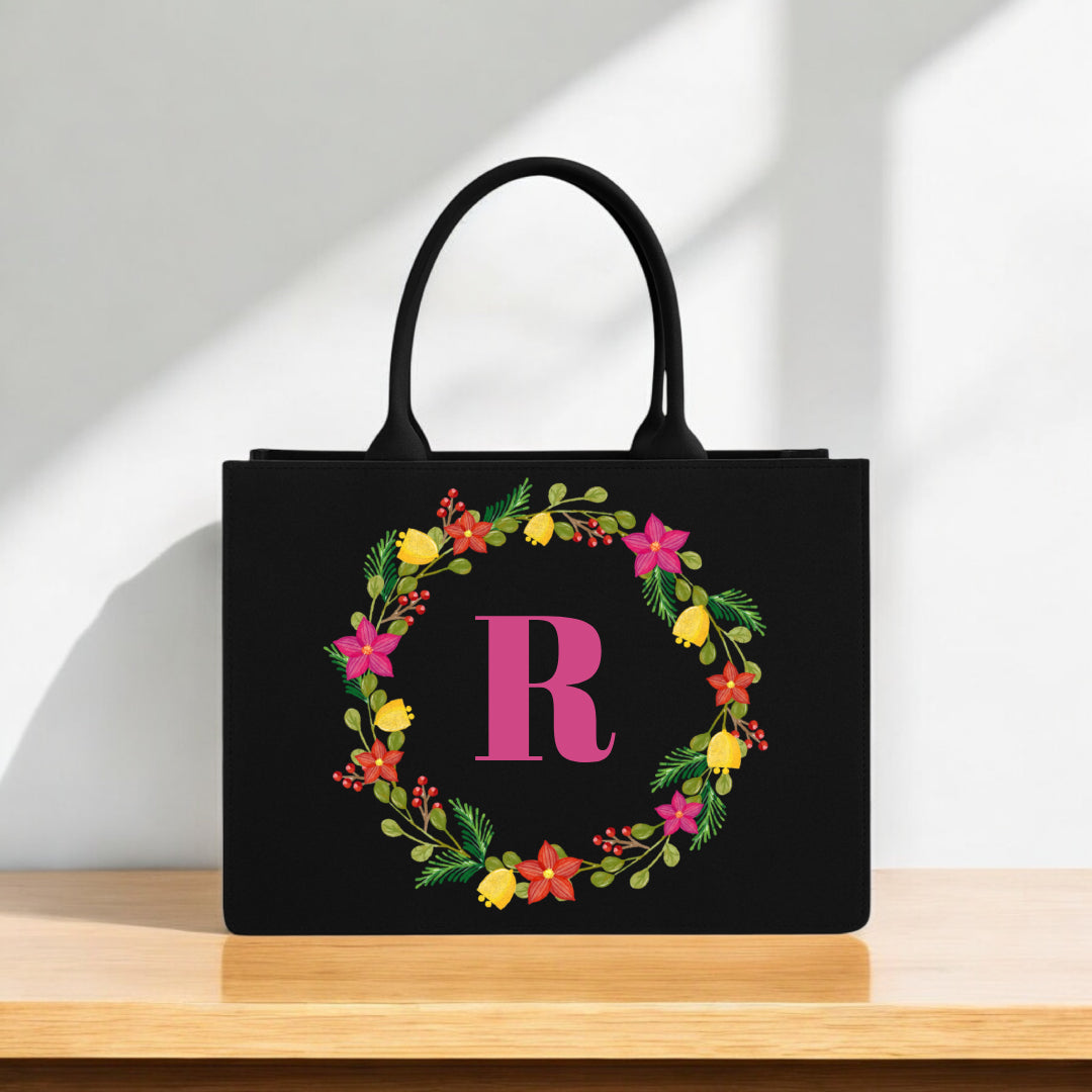Premium Floral Black Handbag with Colorful Flower Print and Pink Initial 'R'Custom Canvas Bag for Everyday Use or Gifting