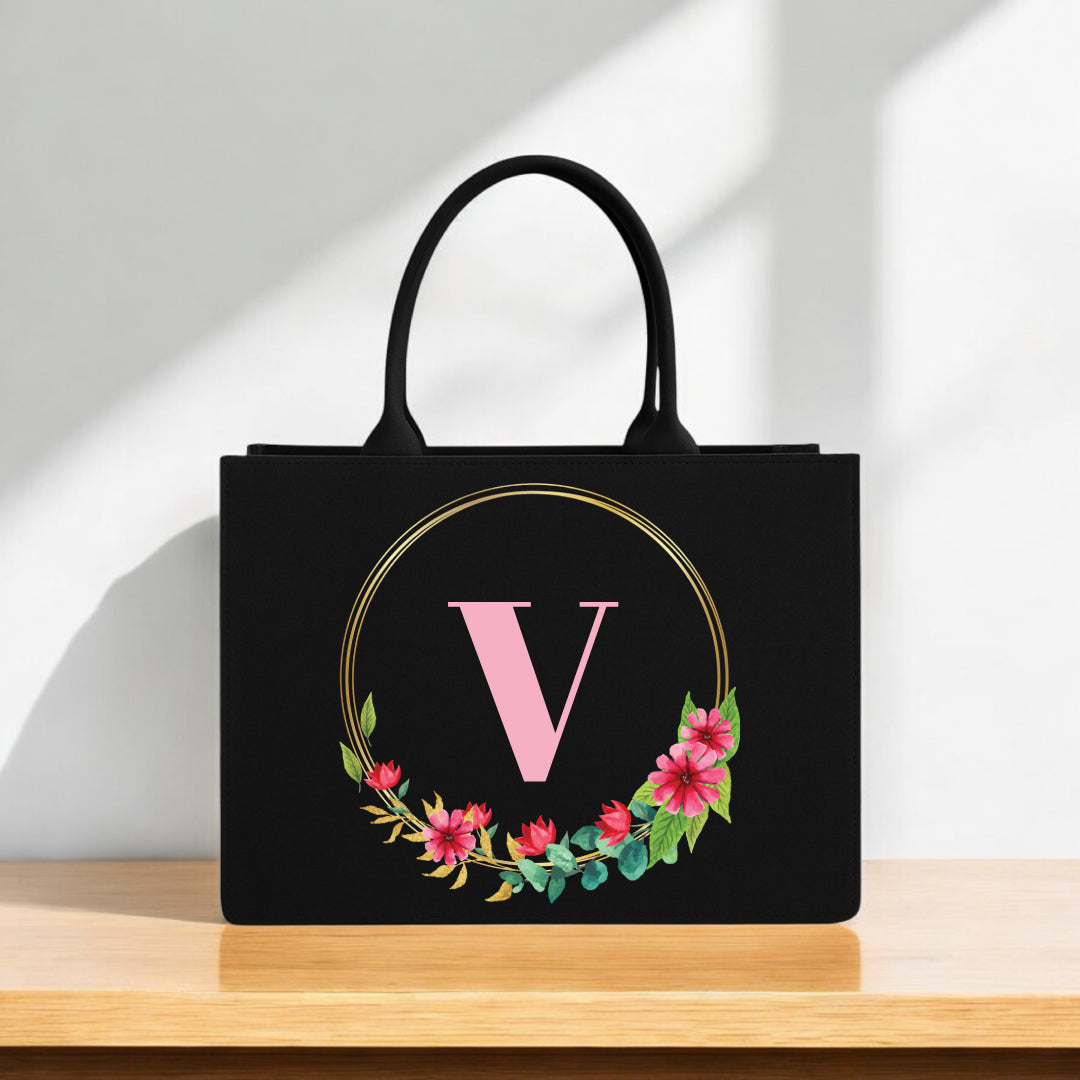 Premium Black Canvas with Golden Frame & Red-Pink Flowers Tote Bag