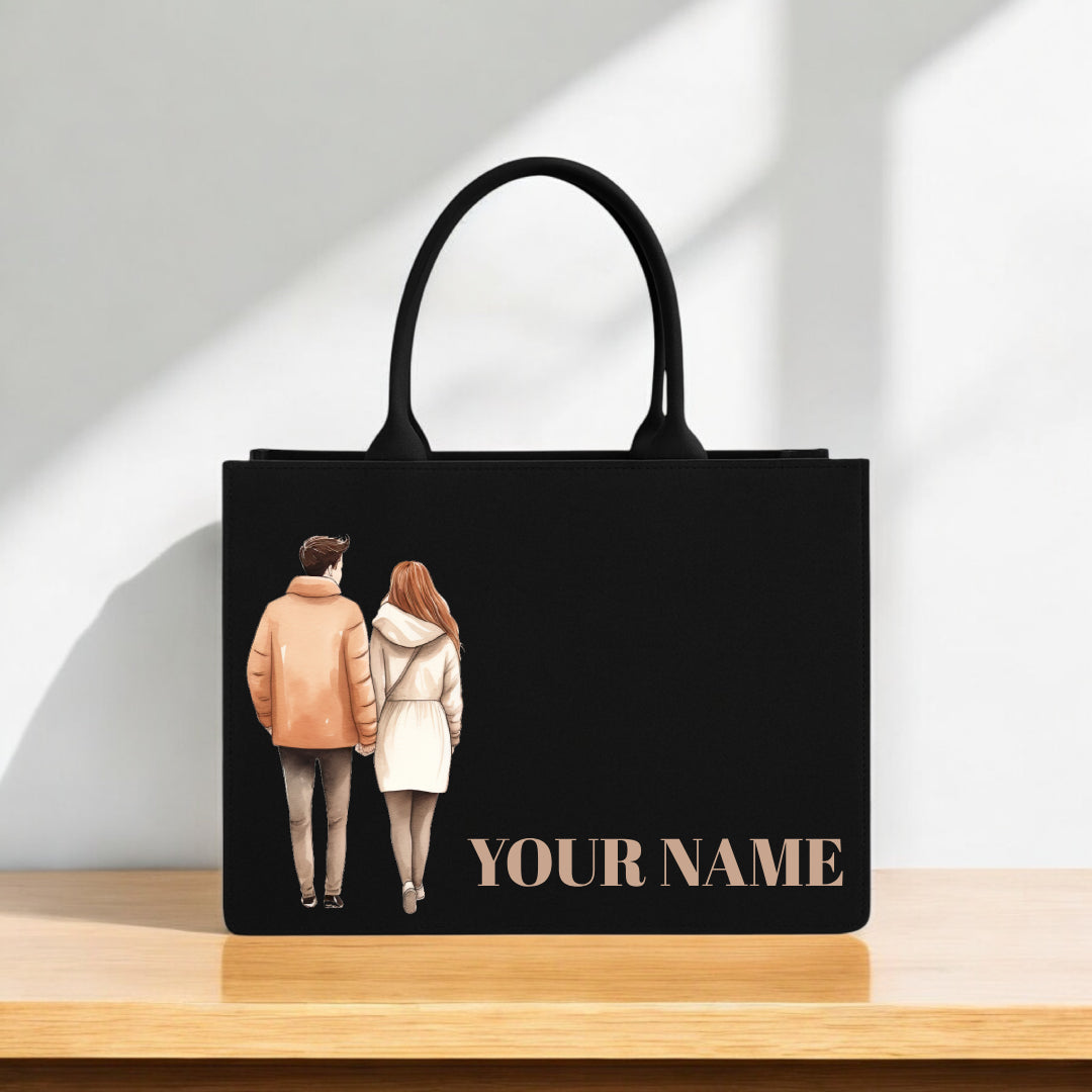 Customized Black Tote Bag with Couple Artwork & Name Anniversary, Wedding, or Valentine’s Gift