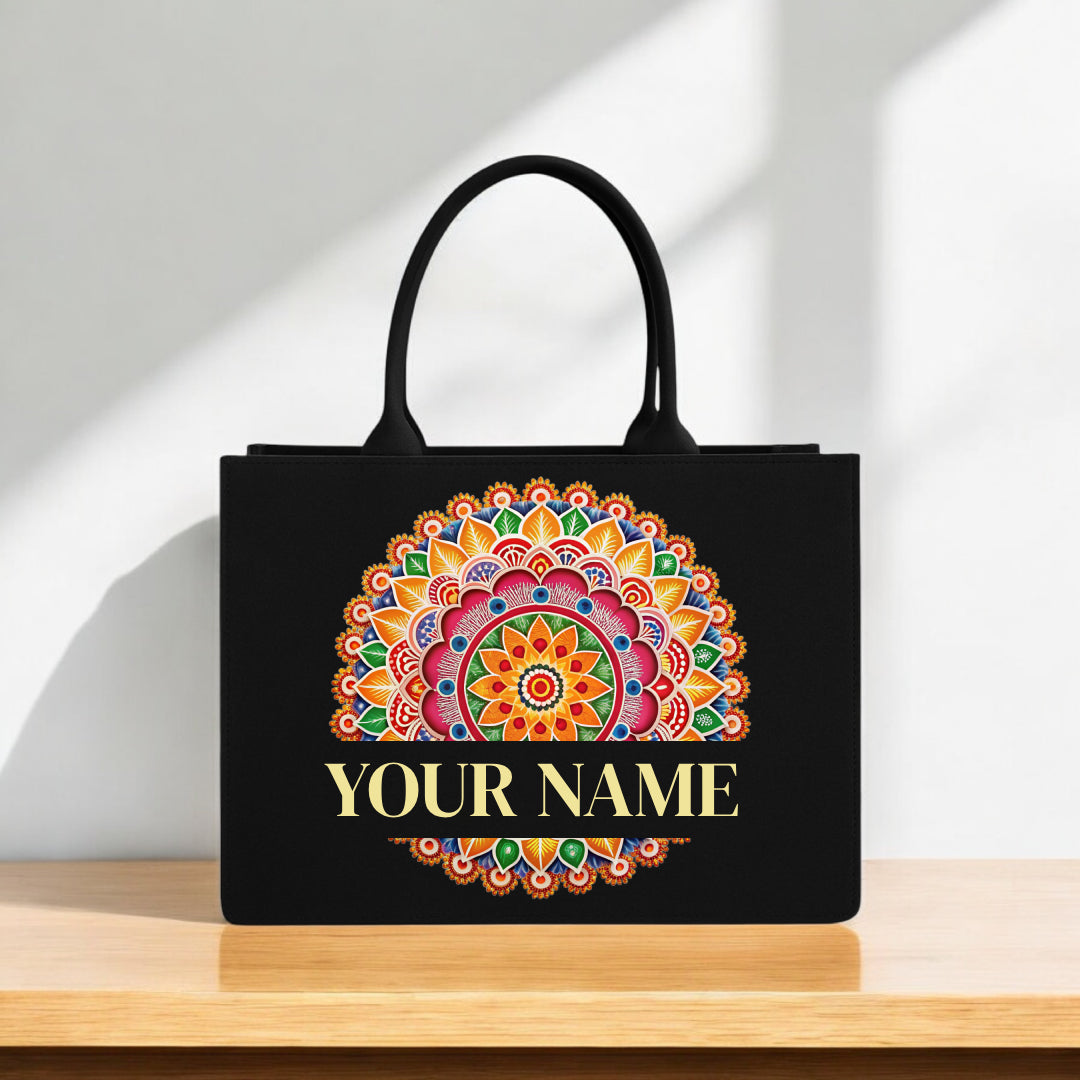 Custom Name Printed Black Tote Bag with Colorful Mandala Design Ethnic Handbag for Women