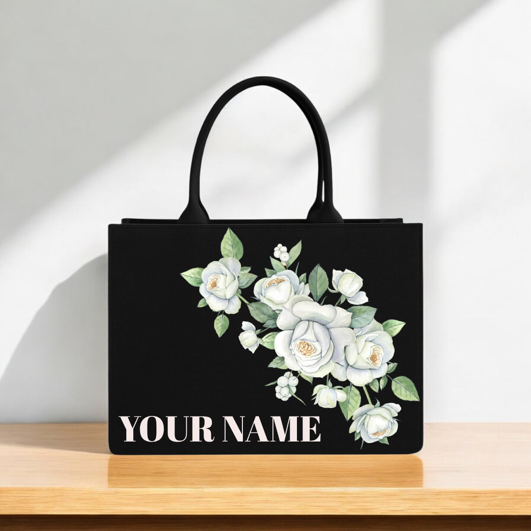 Floral Tote Bag for Women Elegant Black Canvas Handbag with White Roses Design & Custom Name