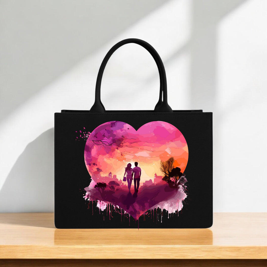 Designer Tote Bag – Romantic Sunset Heart Print | 12x16 Inch Large Capacity | Black Canvas Bag for Women & Girls – Artistic Couple Silhouette Pattern"