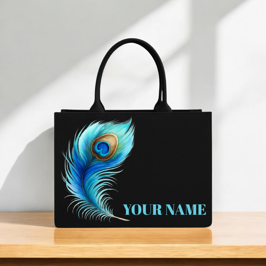 Tote Bag 12x16 Inch Elegant Black Handbag with Blue Peacock Feather Print and Custom Name Option