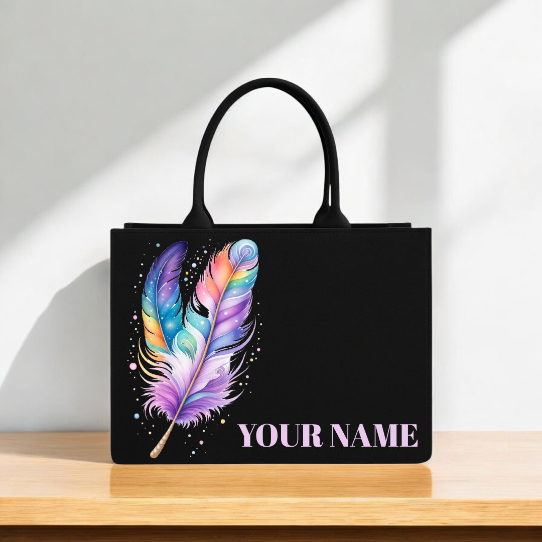 Feather Print Tote Bag for Women | Custom Name Printed Handbag | Black Canvas Shoulder Bag Size 12x16 Inch