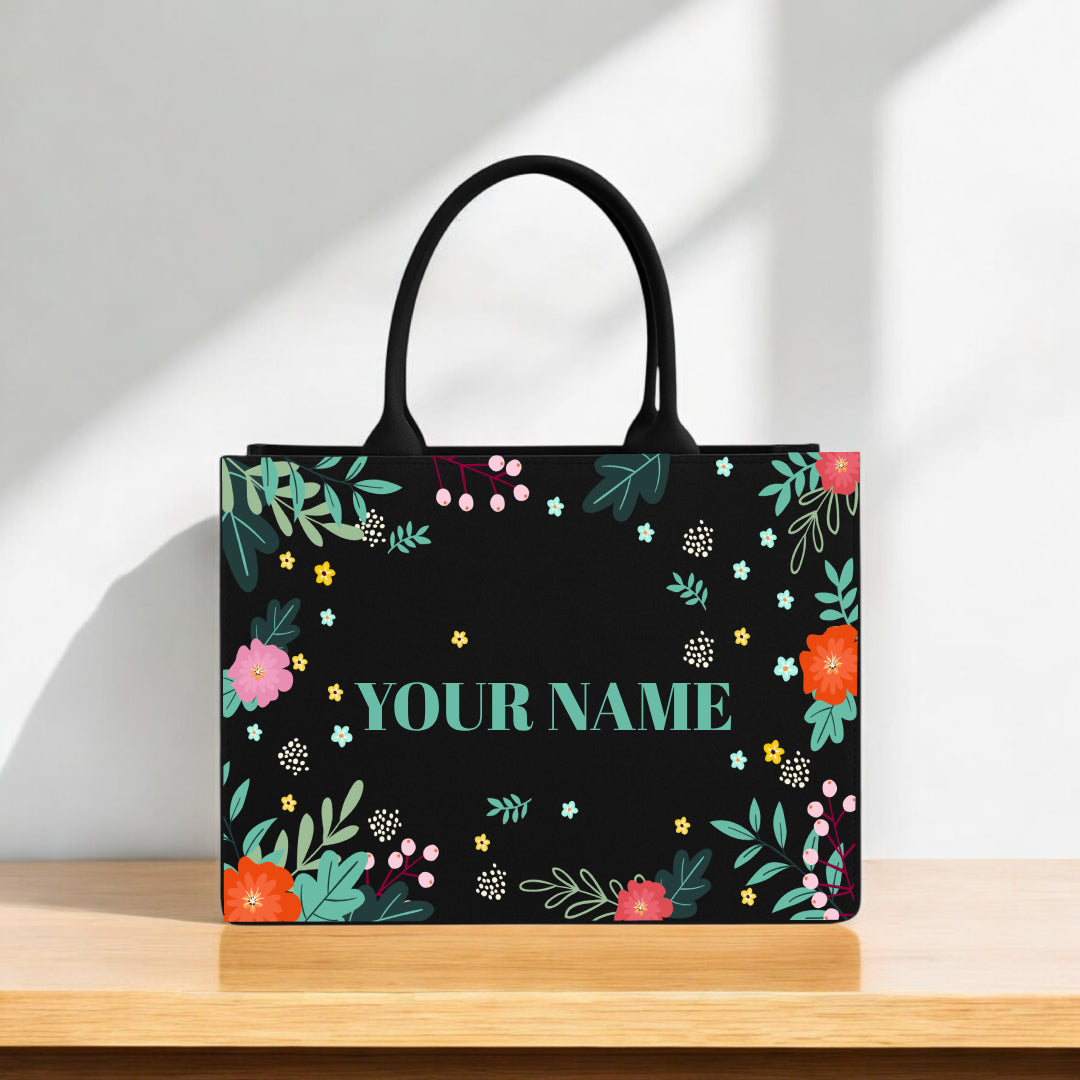 Printed Tote Bag | Custom Name Black Canvas Handbag | 12x16 inch Large Shopping, Office & Casual Carryall