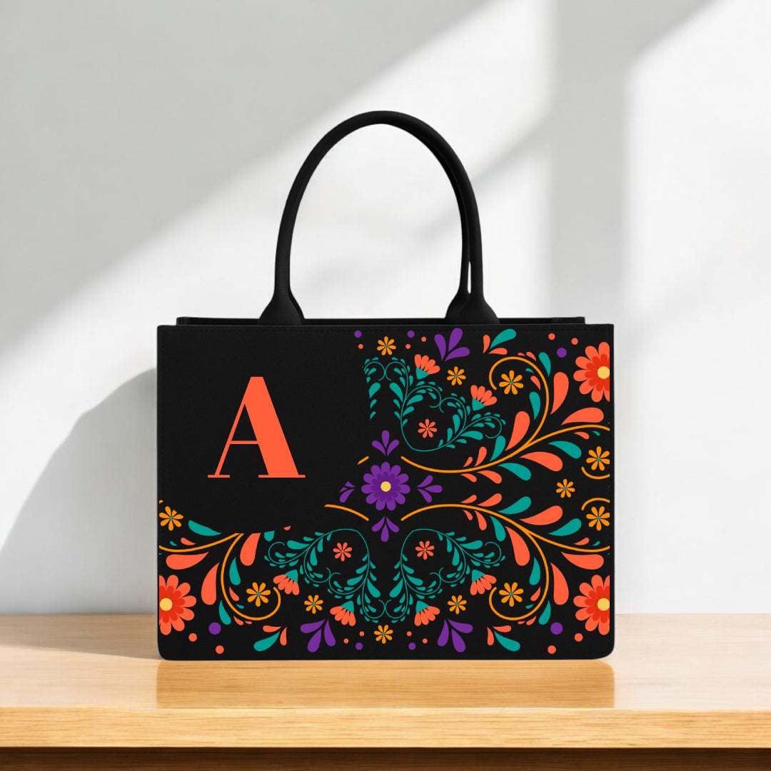12x16 Inch Stylish Printed Handbag – Premium Quality Black Tote with Vibrant Floral Pattern & Bold Letter Monogram – Fashionable Daily Use Shoulder Bag for Women