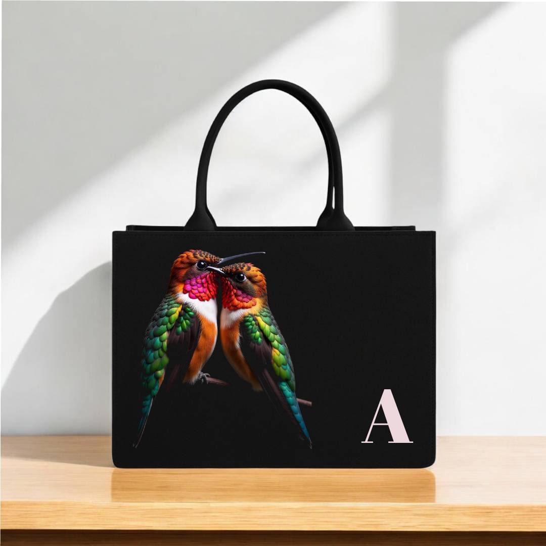 Humming bird Print Tote Bag Quality Black Handbag with Vibrant Nature-Inspired Artwork, Personalized Initial ‘A’ | 12” x 16” Stylish Everyday Carry Bag for Women