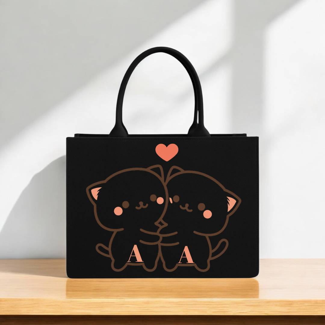 Black Tote Bag – 12” x 16” – Cute Kawaii Cat Couple Print – Stylish Everyday Carry Bag