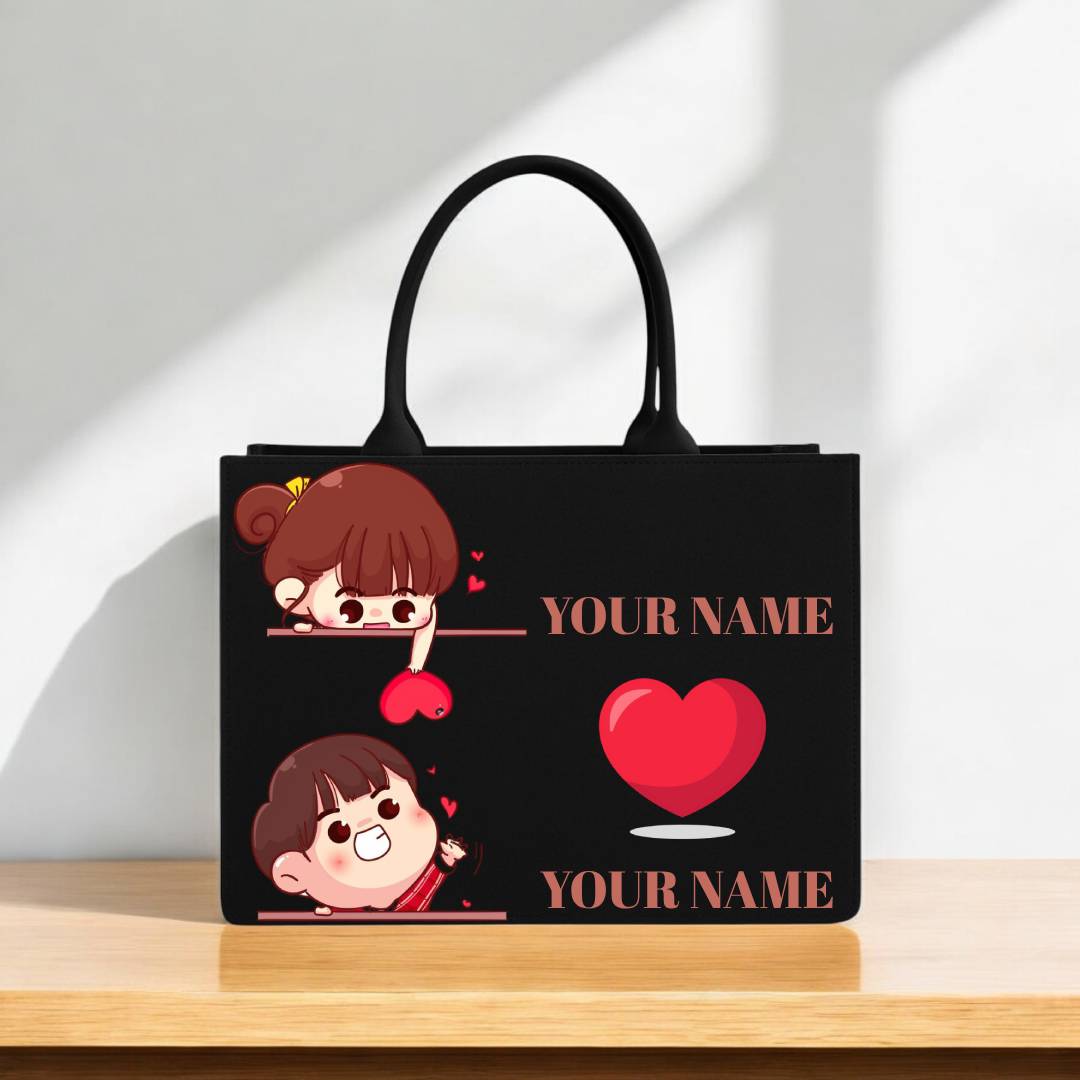 Couple Cartoon Printed Tote Bag – Stylish 12x16 inch Handbag with Cute Love Heart Design – Custom Name Gift Bag for Women & Girls