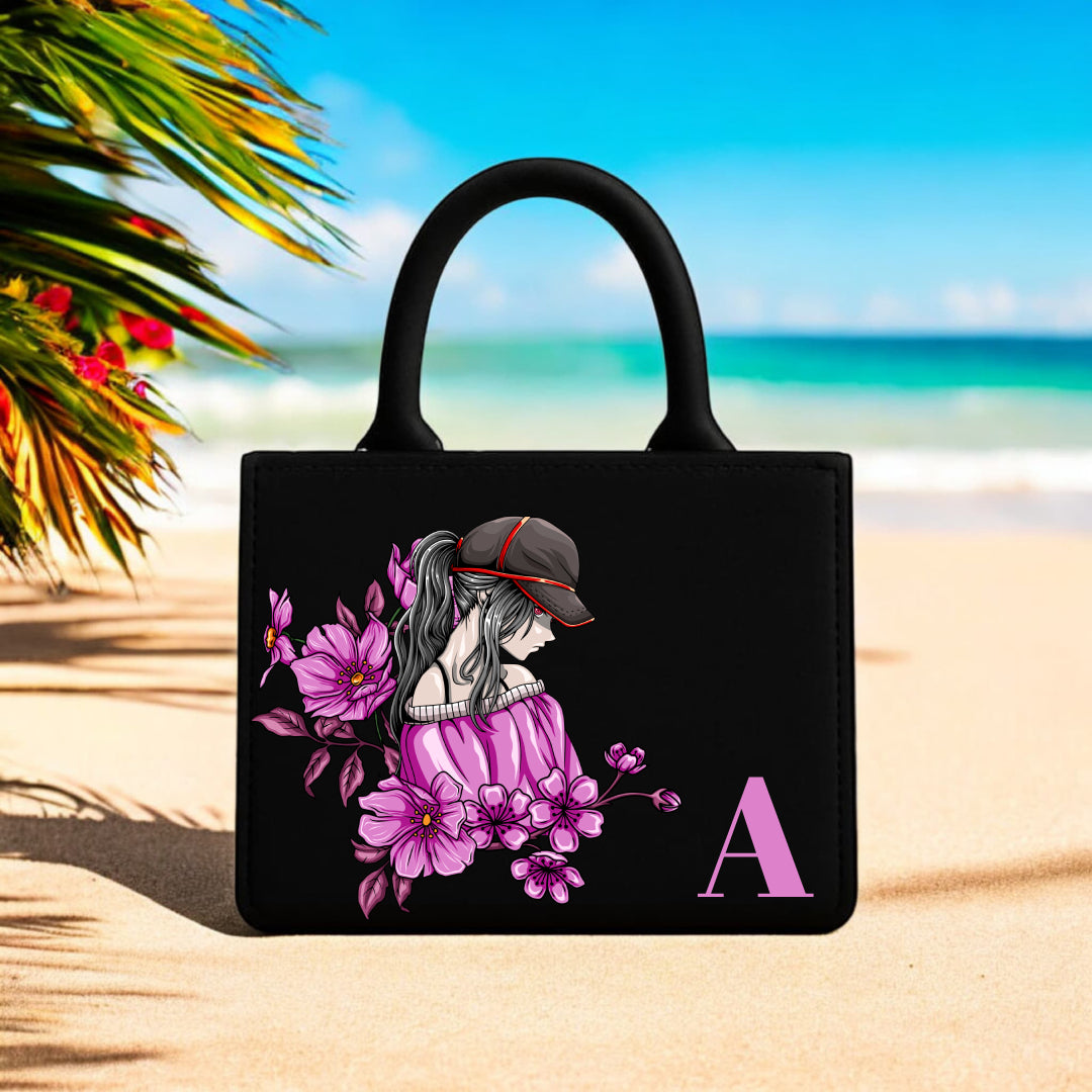 Stylish Girl Floral Trendy Black Canvas Bag for Women 10x12 Inch Fashion Accessory with Pink Art Print