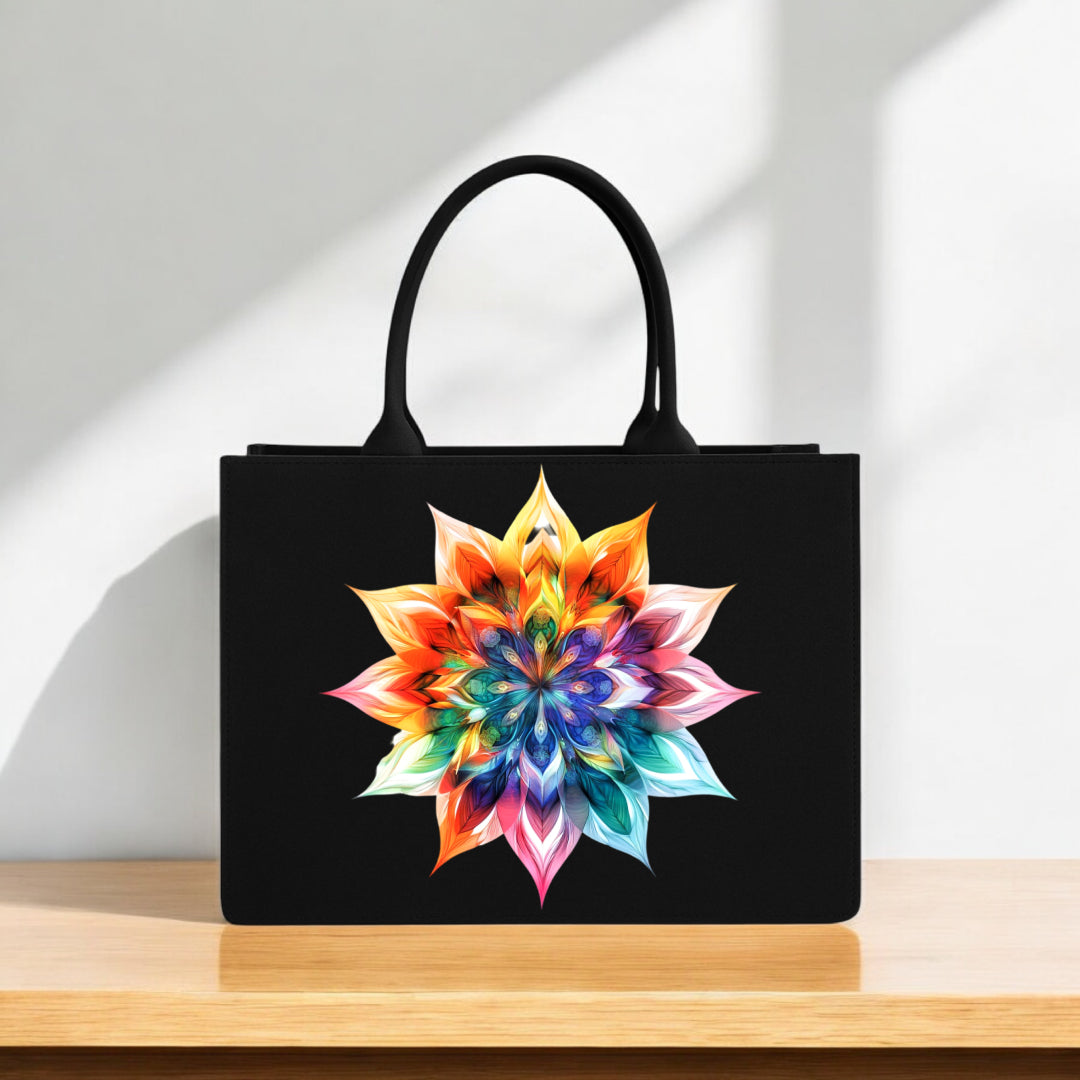 Mandala Blossom Tote Bag for Women Bold & Colorful Radiant Flower Design on Black Canvas