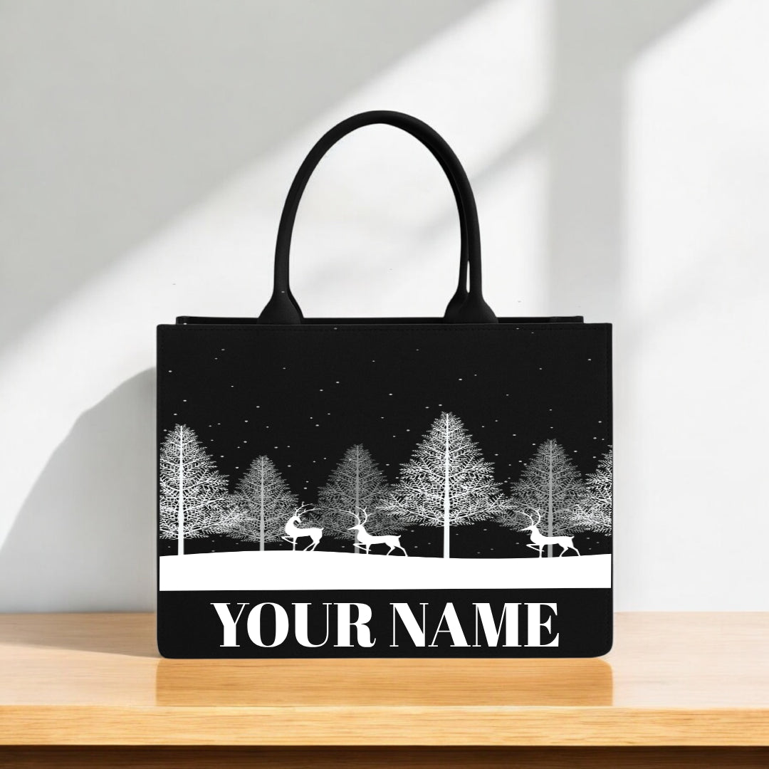 Custom Name Tote Bag Elegant Winter Forest & Reindeer Theme Printed Eco-Friendly Canvas Bag