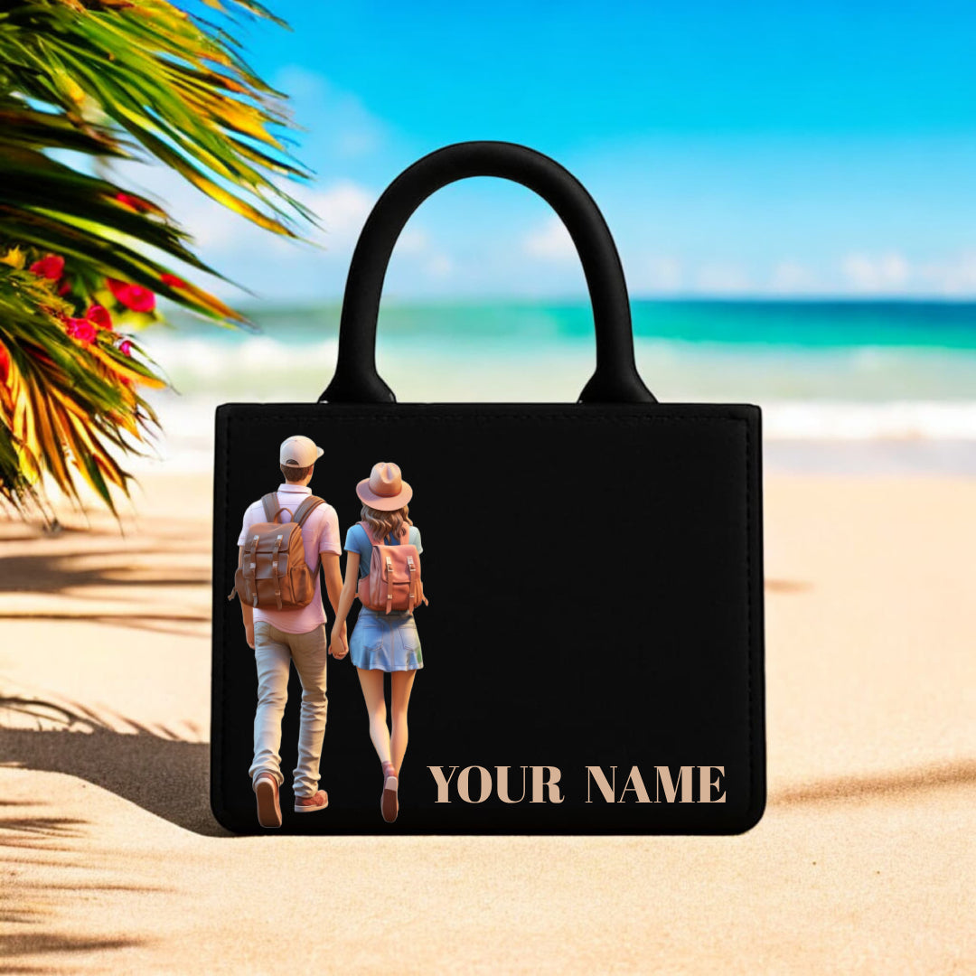 Travel Couple Handbag where style meets sentiment. Crafted with elegance and durability, this 10-inch (height) x 12-inch (width) handbag