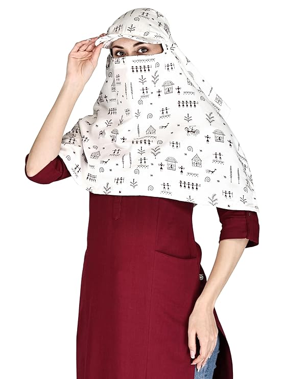 Cotton Cap Scarf with Warli Art Print