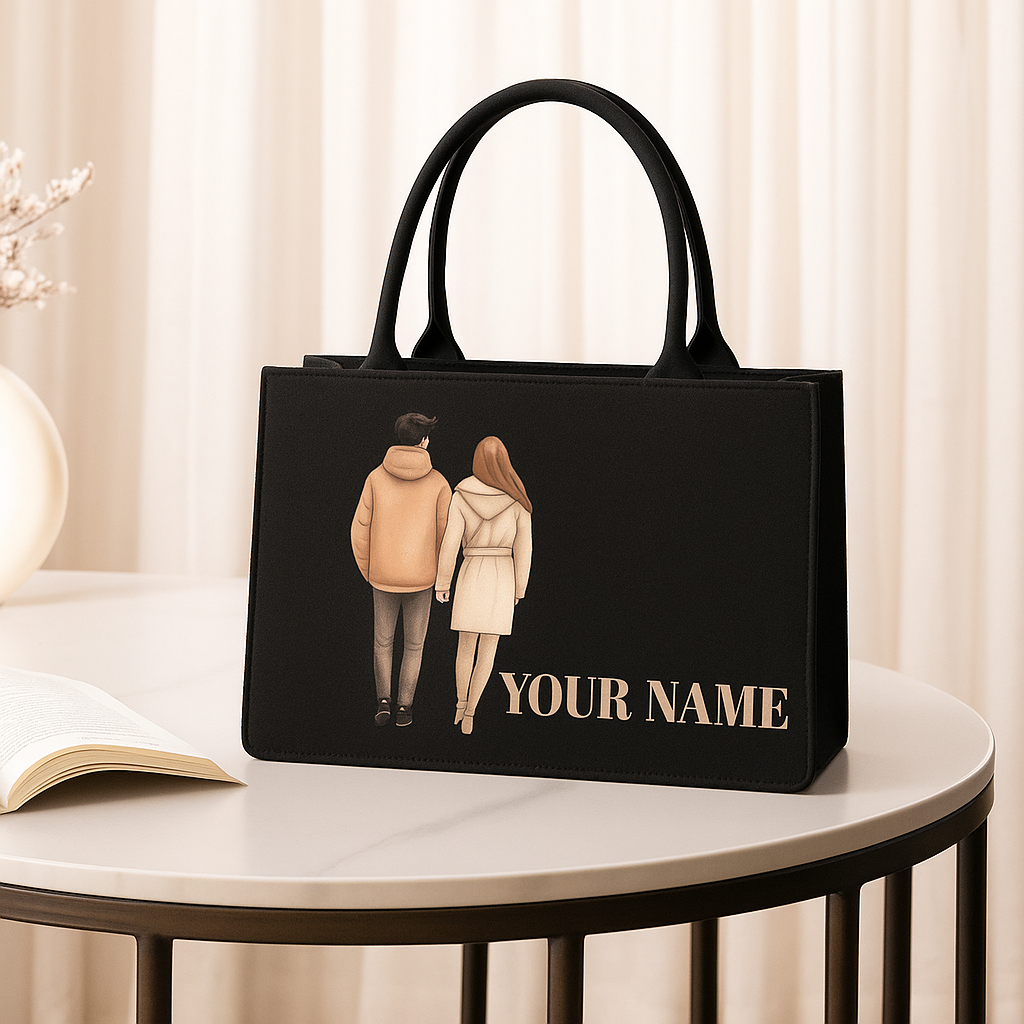 Customized Black Tote Bag with Couple Artwork & Name Anniversary, Wedding, or Valentine’s Gift