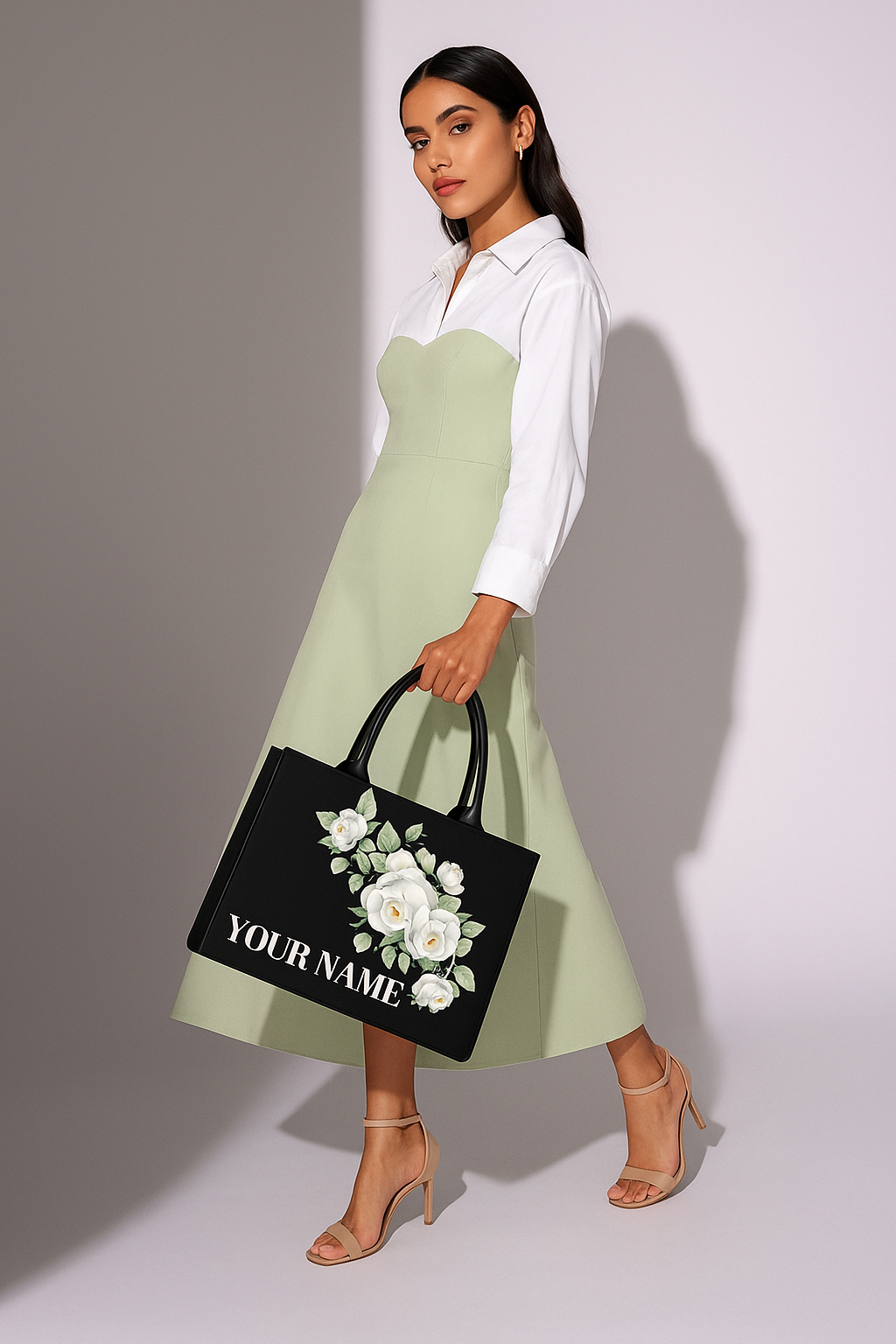 Floral Tote Bag for Women Elegant Black Canvas Handbag with White Roses Design & Custom Name