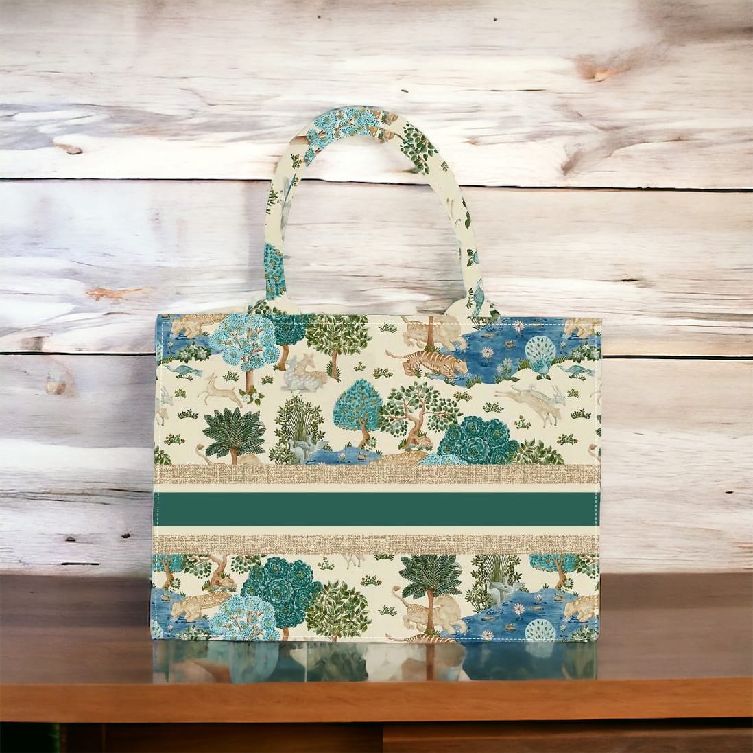 Whimsical Green Forest Print Canvas Tote Eco Chic Handbag with Colorful Trees and Scenic Wildlife Art