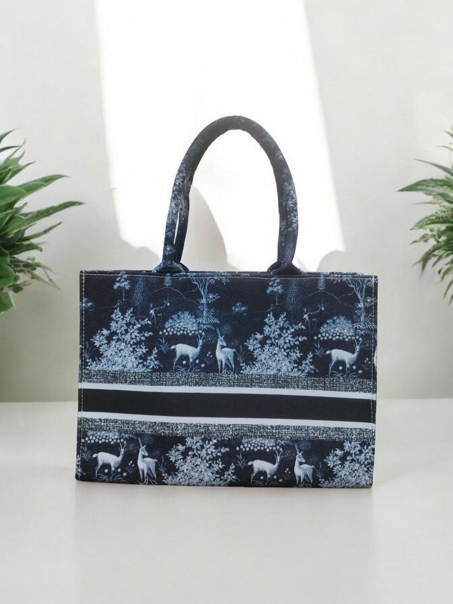 Black & White Forest Wildlife Print Tote Bag Canvas Bag with Serene Deer