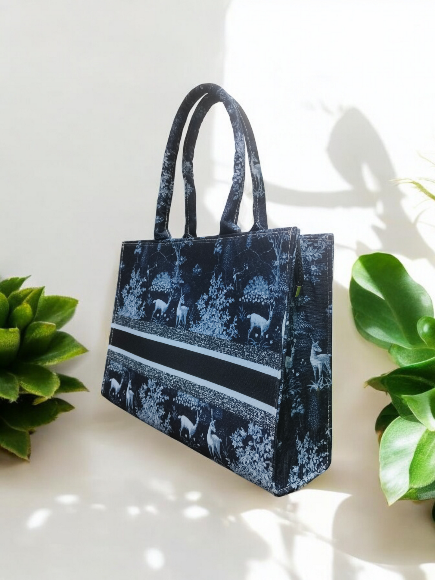 Black & White Forest Wildlife Print Tote Bag Canvas Bag with Serene Deer