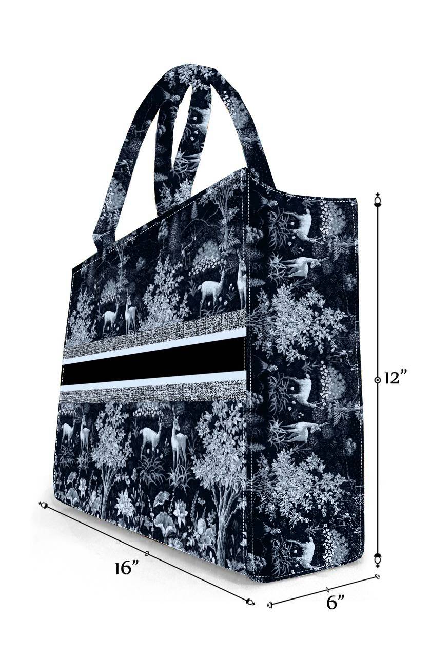 Black & White Forest Wildlife Print Tote Bag Canvas Bag with Serene Deer
