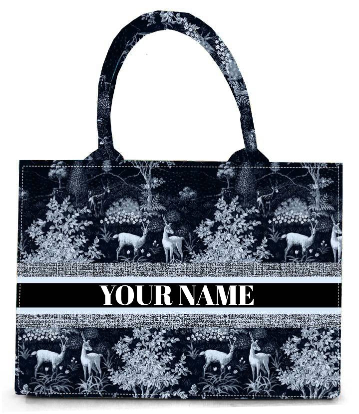 Black & White Forest Wildlife Print Tote Bag Canvas Bag with Serene Deer
