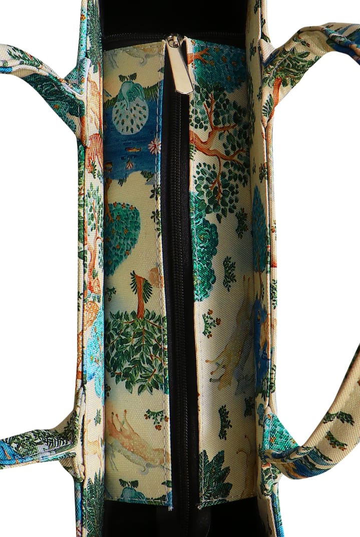 Whimsical Green Forest Print Canvas Tote Eco Chic Handbag with Colorful Trees and Scenic Wildlife Art