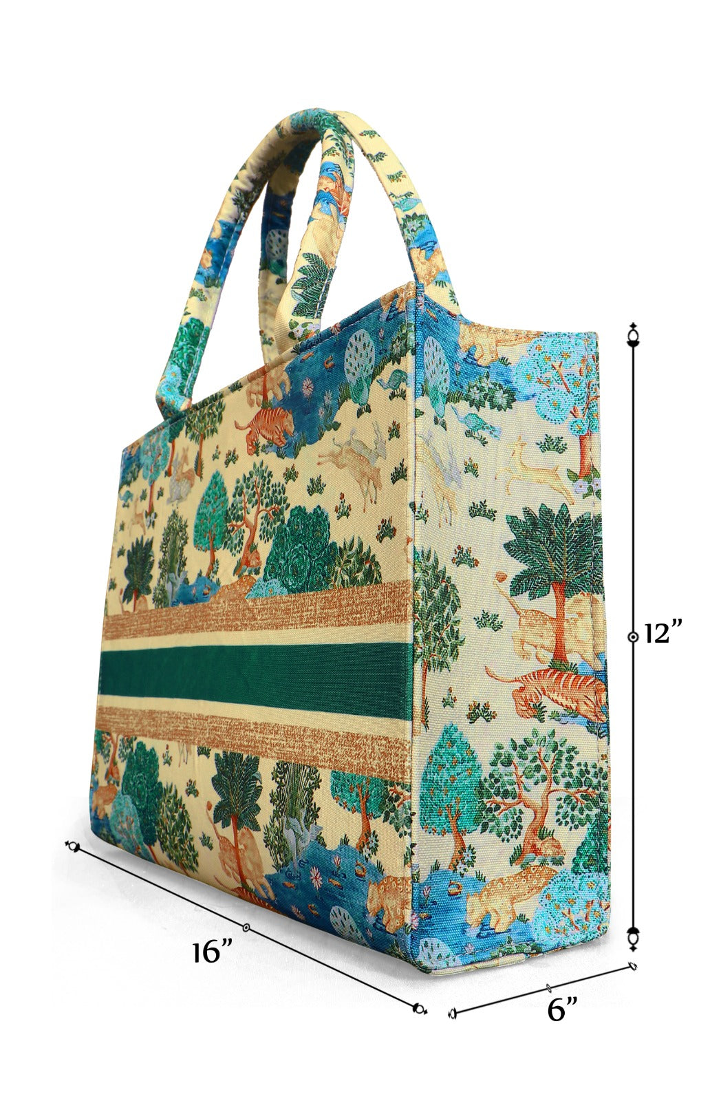 Whimsical Green Forest Print Canvas Tote Eco Chic Handbag with Colorful Trees and Scenic Wildlife Art